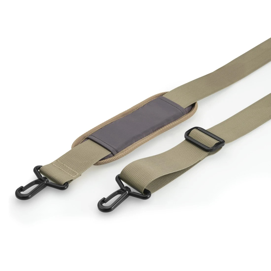 Pasek na ramię w kolorze khaki z czarnymi klipsami na białym tle. Szara wyściółka.