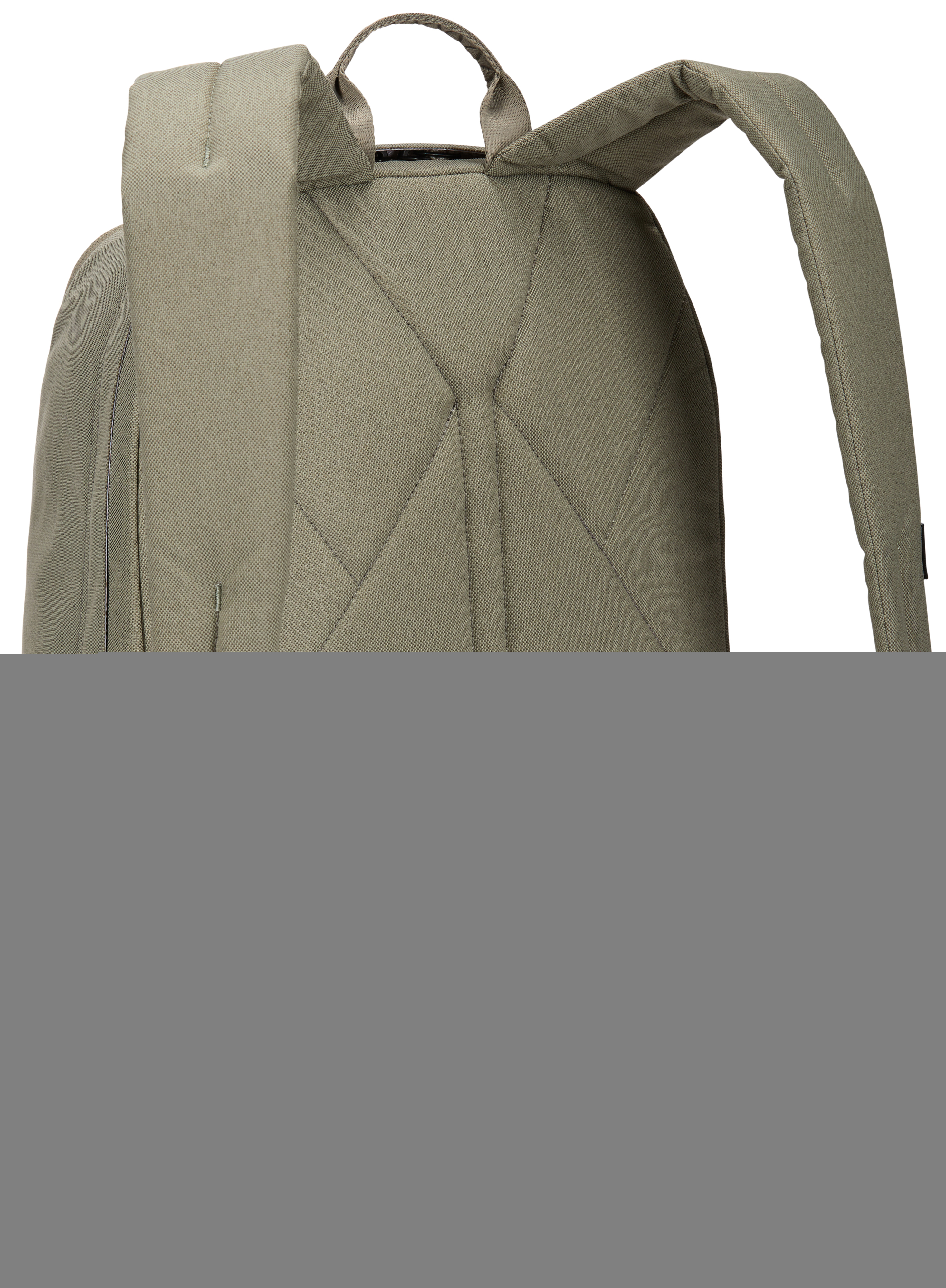 Nahaufnahme der Rückseite eines hellgrünen Rucksacks mit Steppmuster.