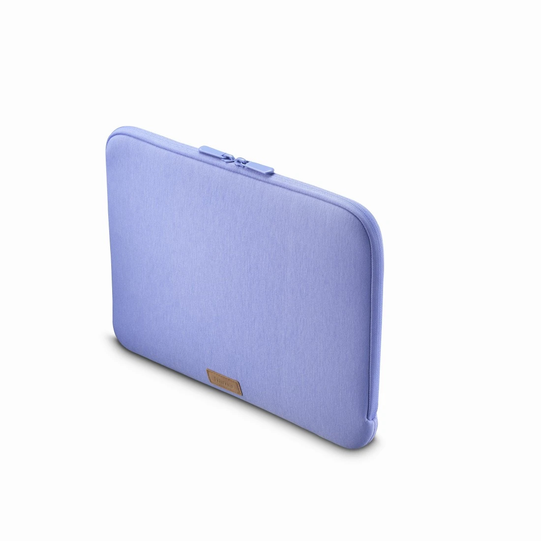 Custodia viola per laptop con cerniera. La custodia ha una piccola etichetta marrone.