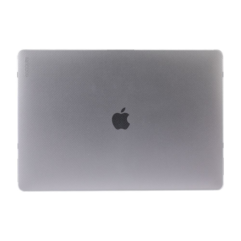 Retro di un laptop grigio con logo Apple. La superficie ha un motivo strutturato.