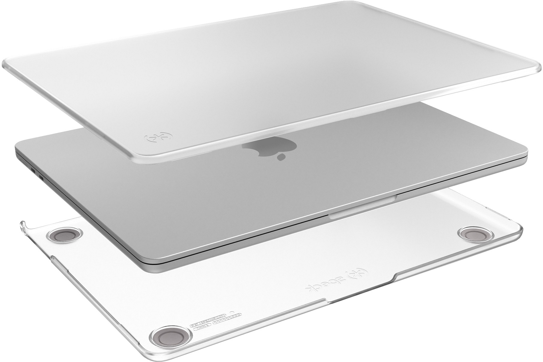 Coque transparente pour ordinateur portable en trois couches. L'ordinateur portable est au milieu.