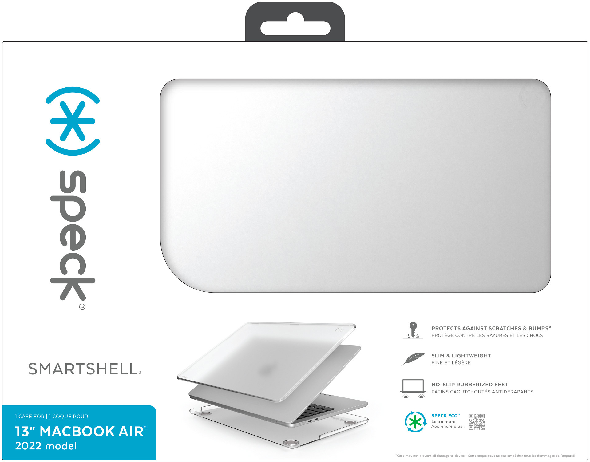 Étui blanc pour Macbook Air avec ordinateur portable à l'intérieur, sur fond blanc, dans une boîte.