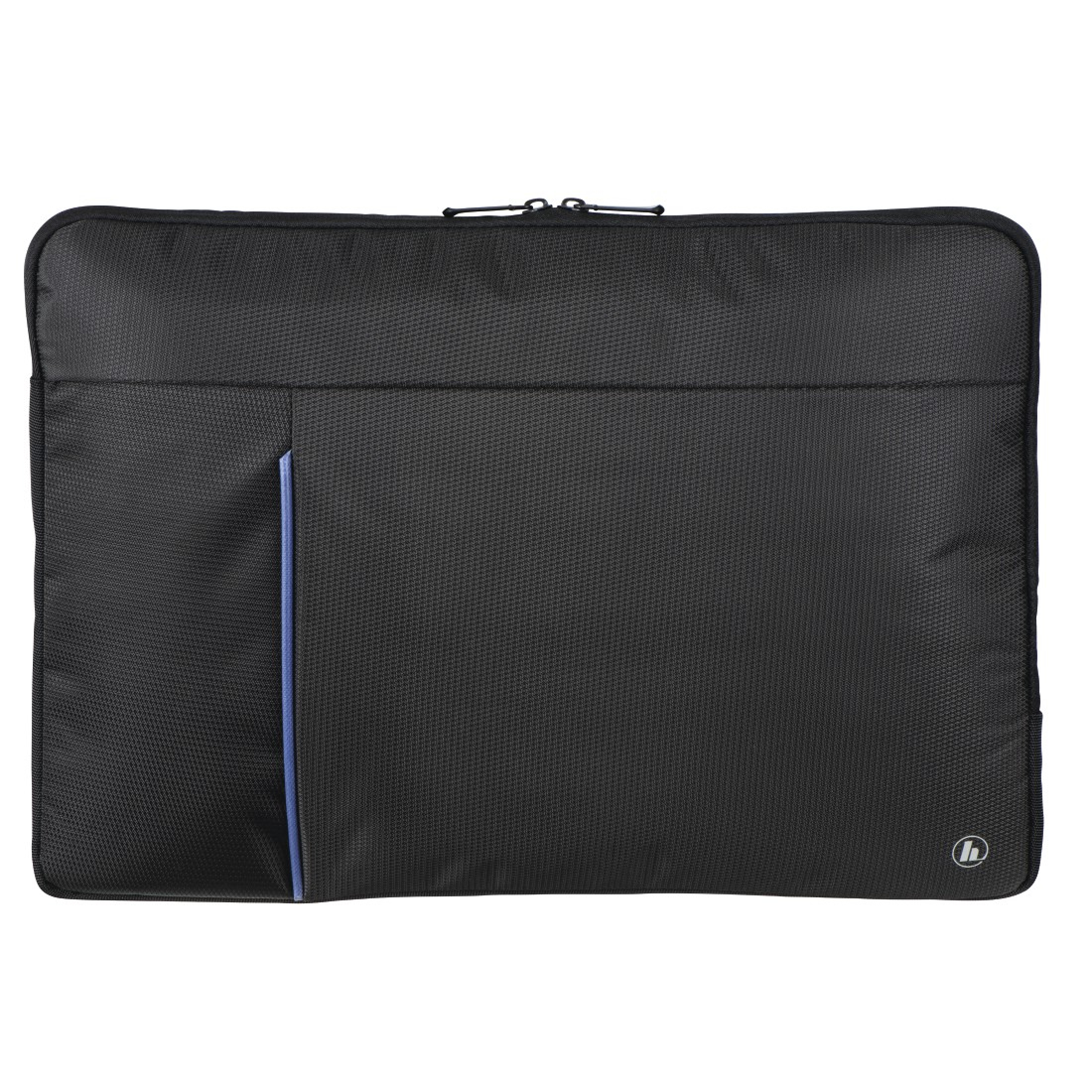 Custodia nera per laptop con striscia blu. Chiusura con zip. Piccolo logo nell'angolo destro.