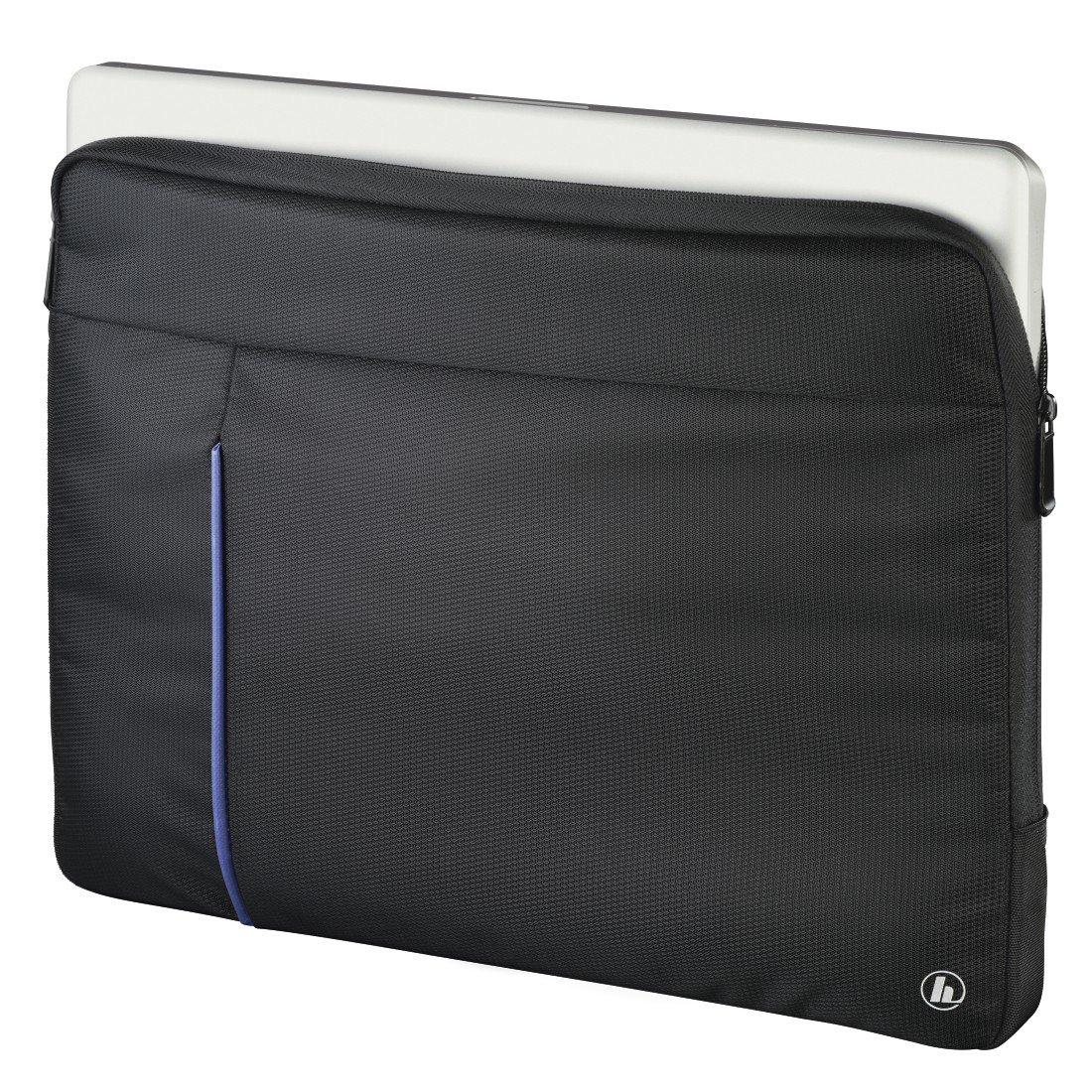 Custodia nera per laptop, con laptop bianco parzialmente inserito. Accento blu sul fronte.