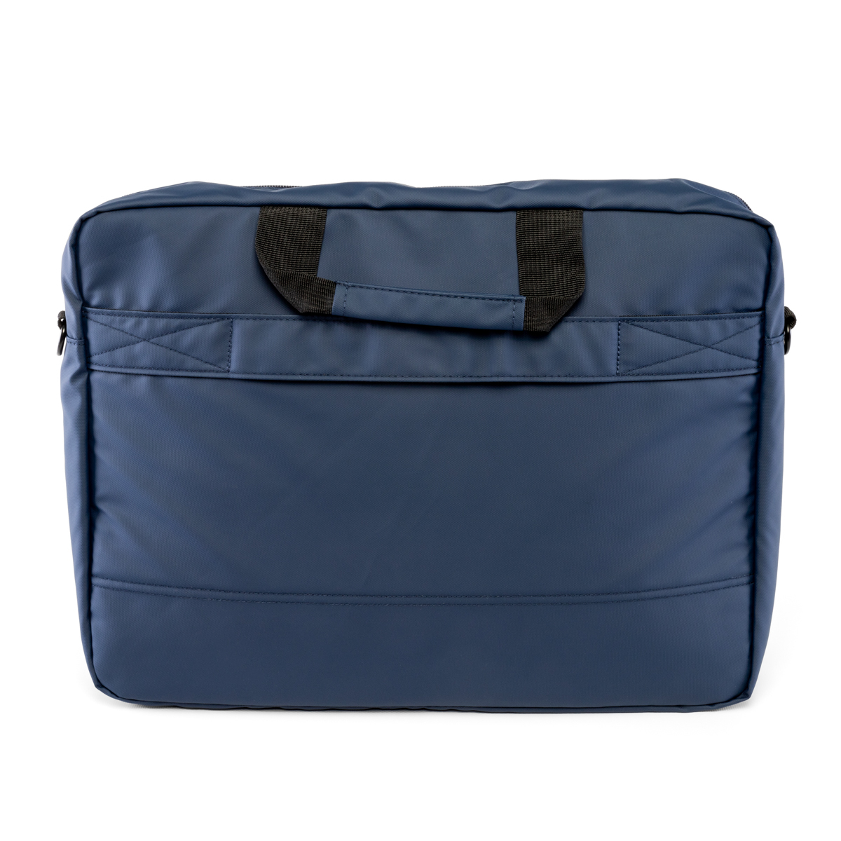 Una borsa per laptop blu navy con maniglia, una maniglia nera e uno sfondo bianco.
