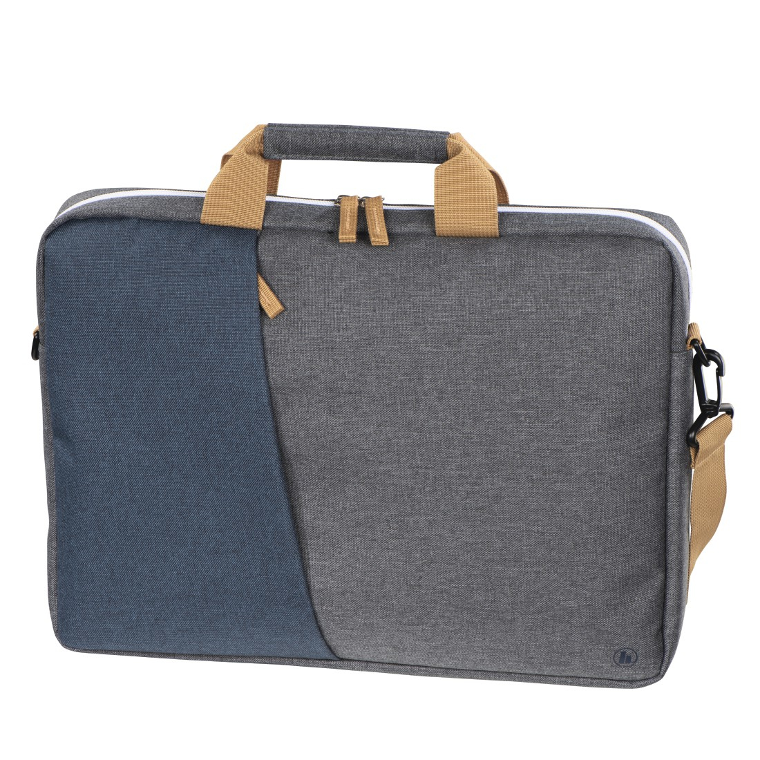 Graue und blaue Laptoptasche mit braunen Griffen, weißem Reißverschluss, weißer Hintergrund.