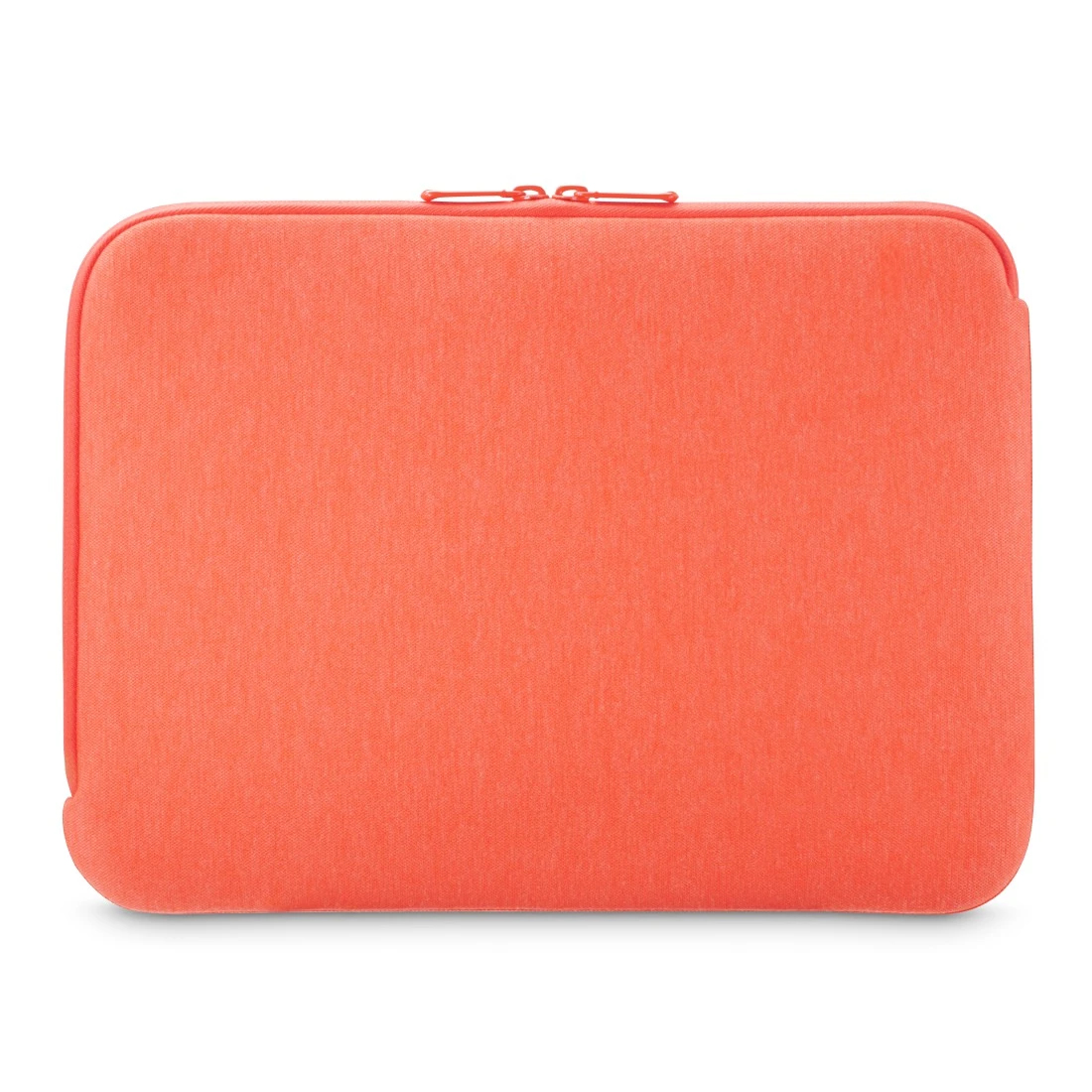 Korallenfarbene Laptoptasche, rechteckige Form mit Reißverschluss.