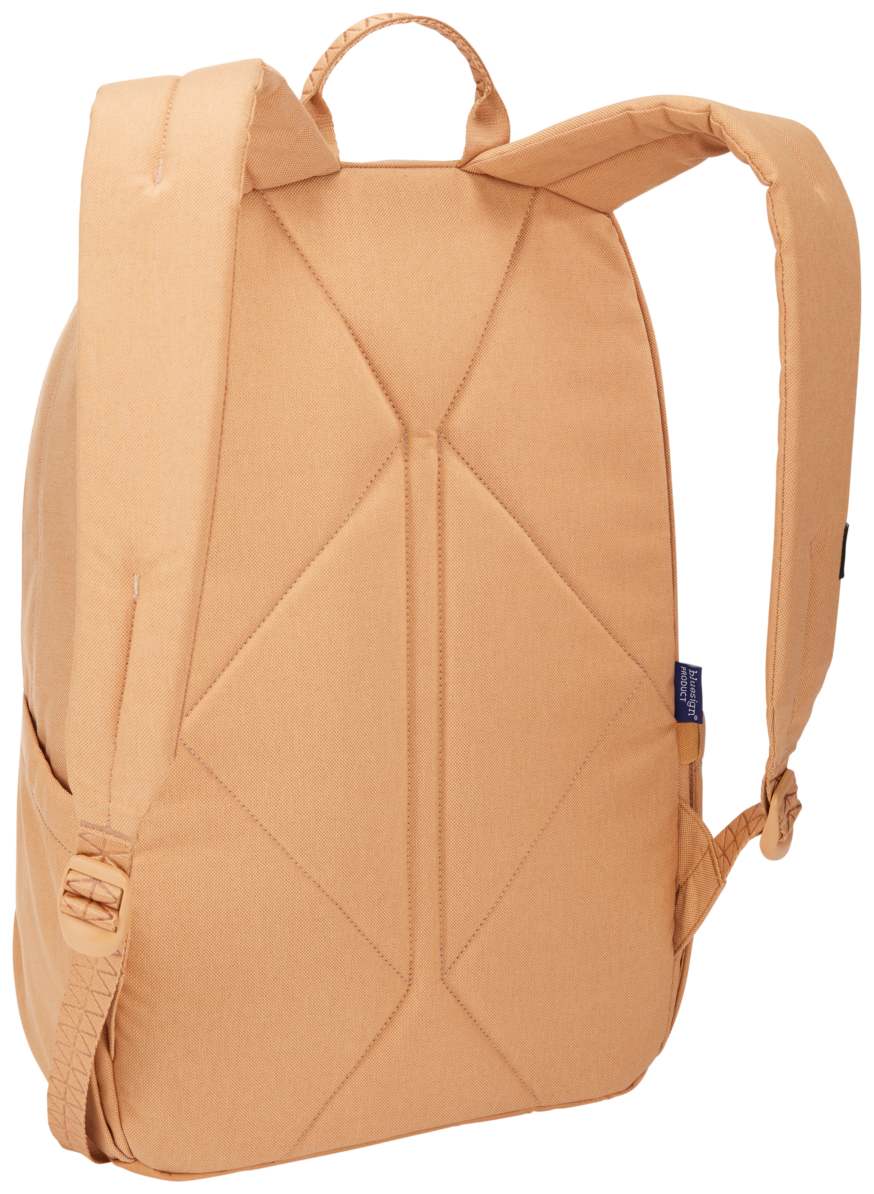 Beigefarbener Rucksack. Rückansicht, mit Schultergurten und einem Tragegriff oben.