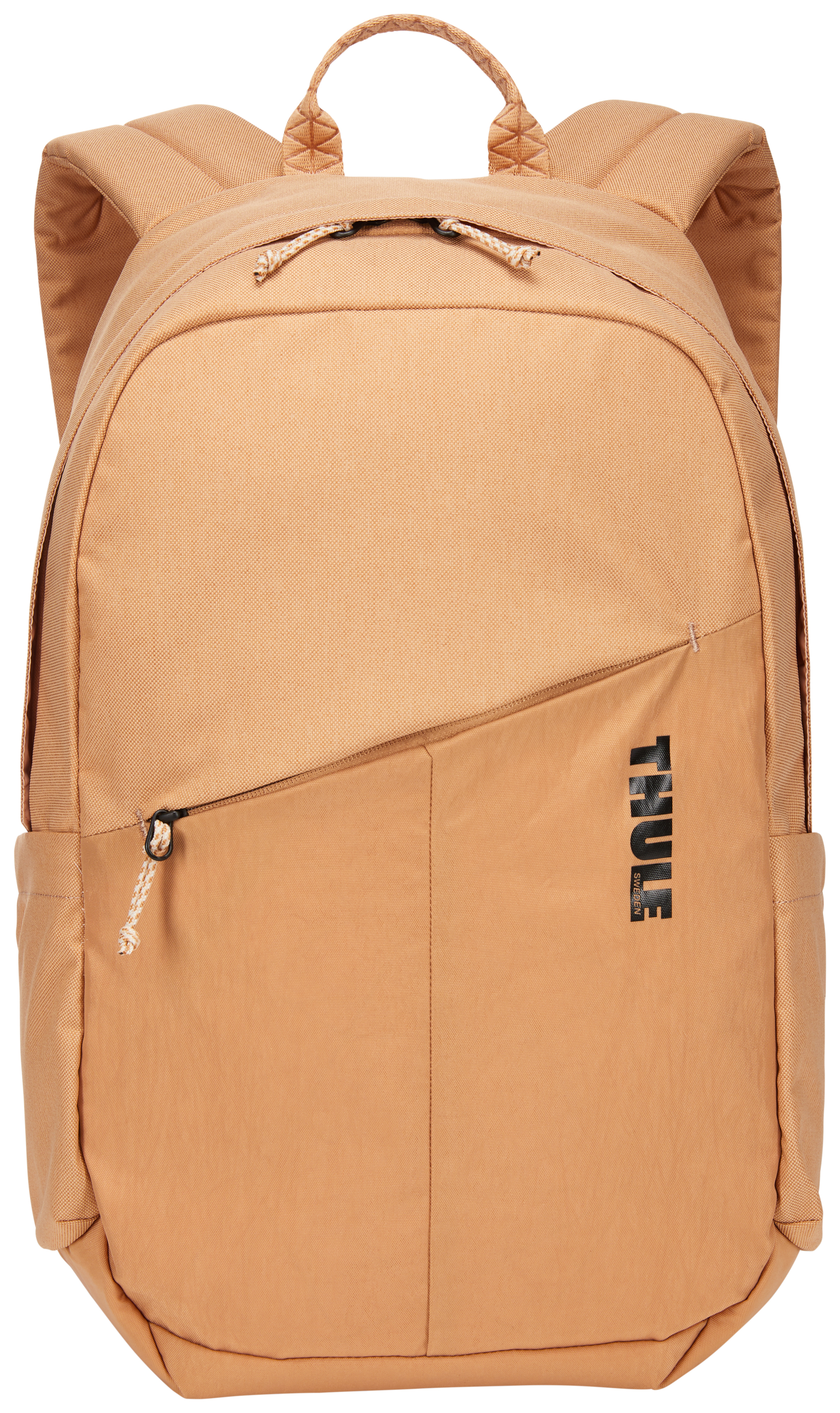 Hellbrauner Rucksack mit Vordertasche und dem Wort „THULE“.