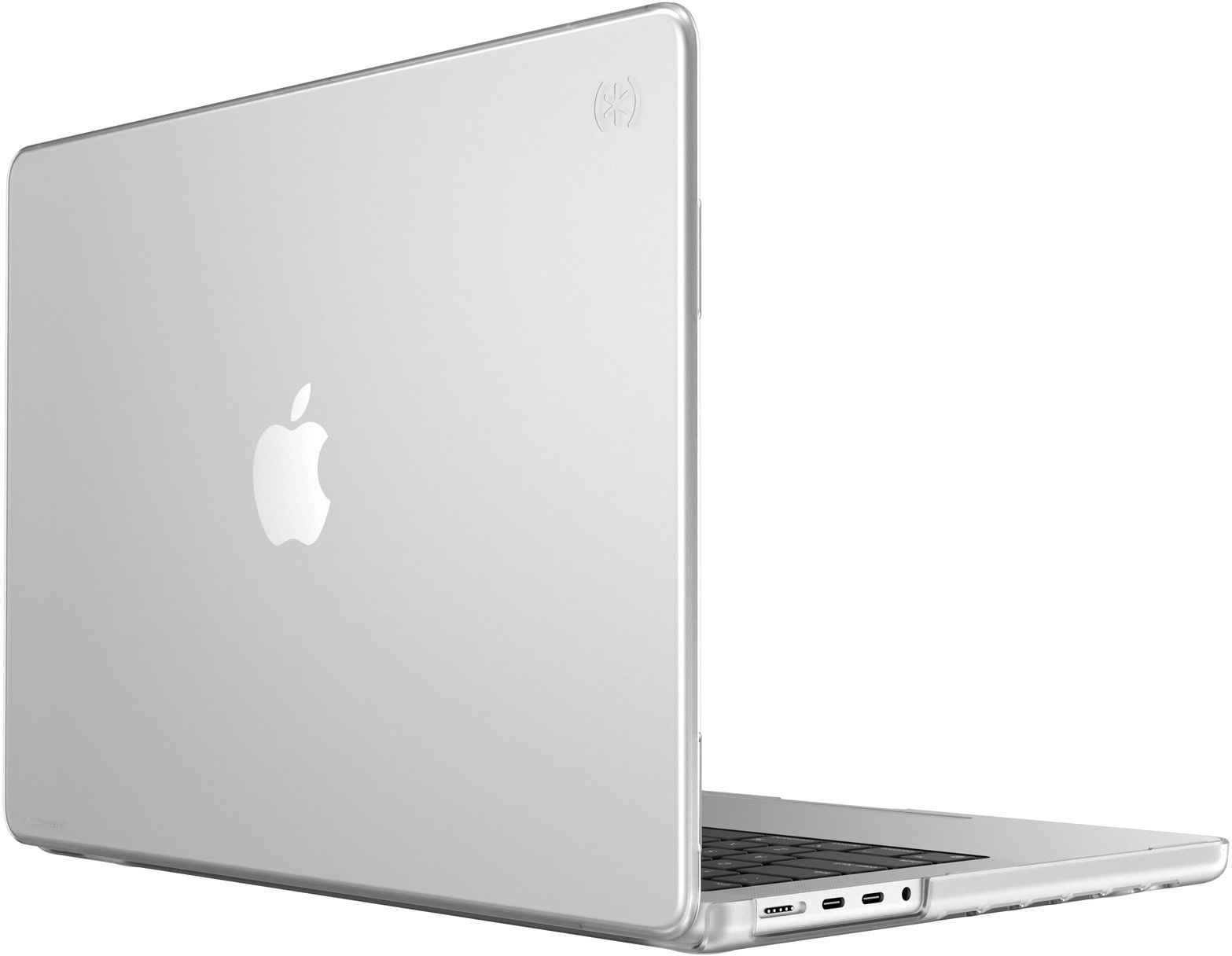 Silberner Apple Laptop in einer transparenten Schutzhülle auf weißem Hintergrund. Das Apple-Logo ist sichtbar.