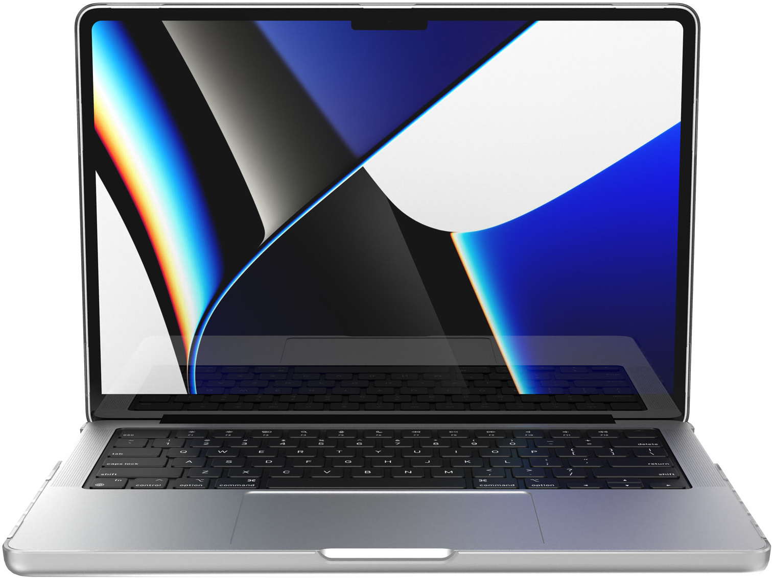 Silberner Laptop auf einem Schreibtisch, mit einer lebendigen, abstrakten blau-weißen Bildschirmanzeige.