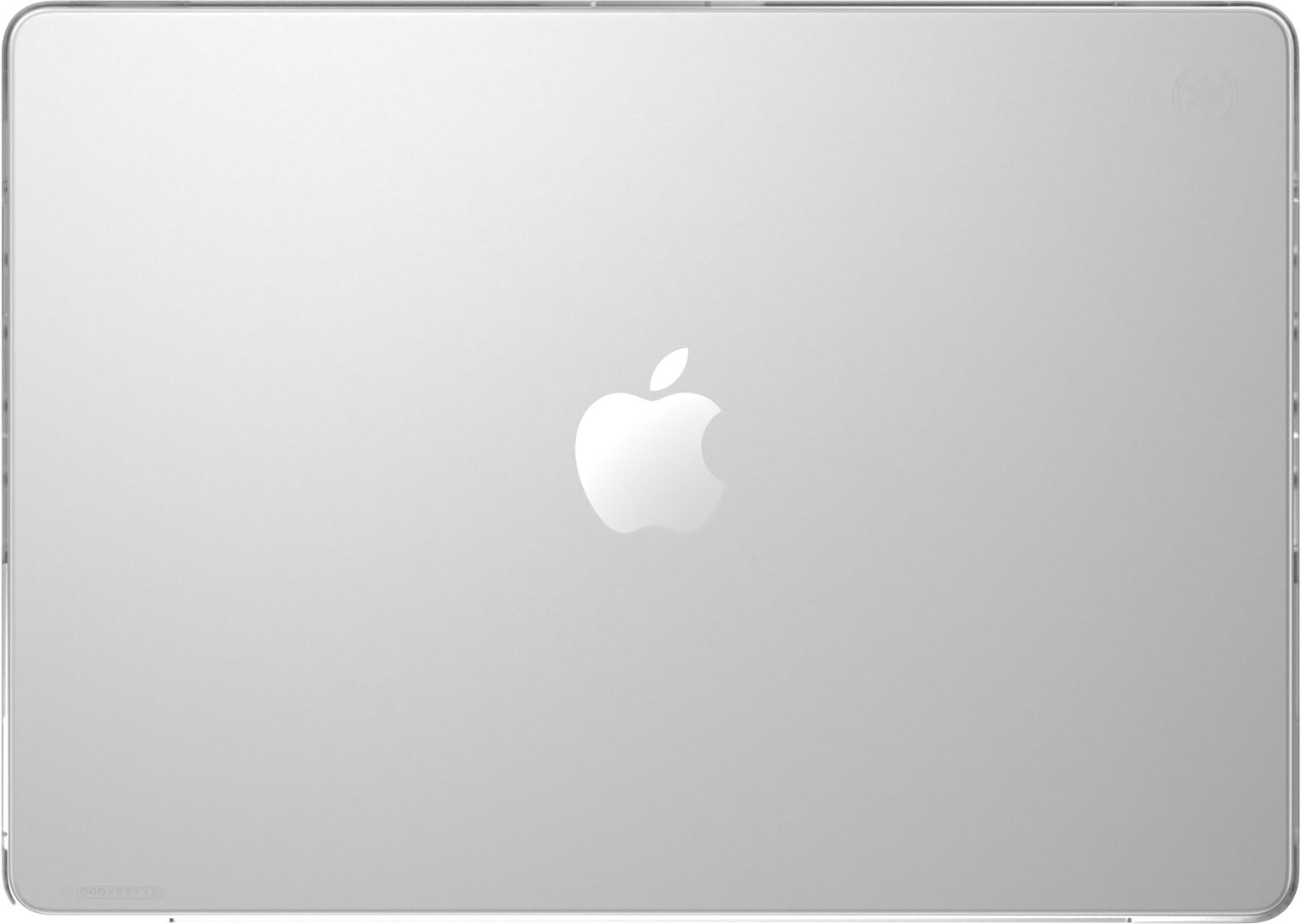 Oberseite eines silbernen Laptops mit dem Apple-Logo in der Mitte.