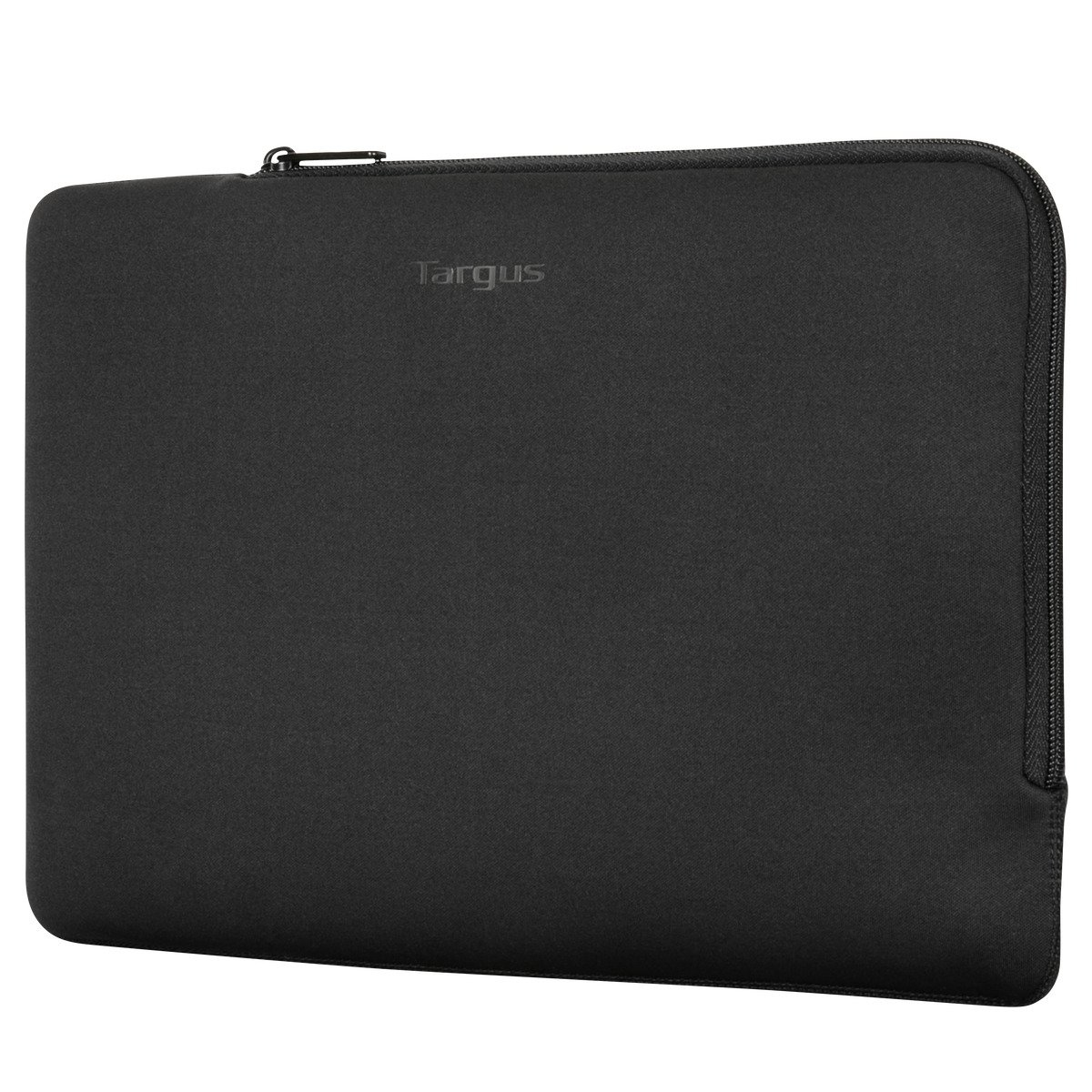 Custodia nera per laptop, dettaglio della cerniera. Marchio Targus visibile. Isolato su bianco.