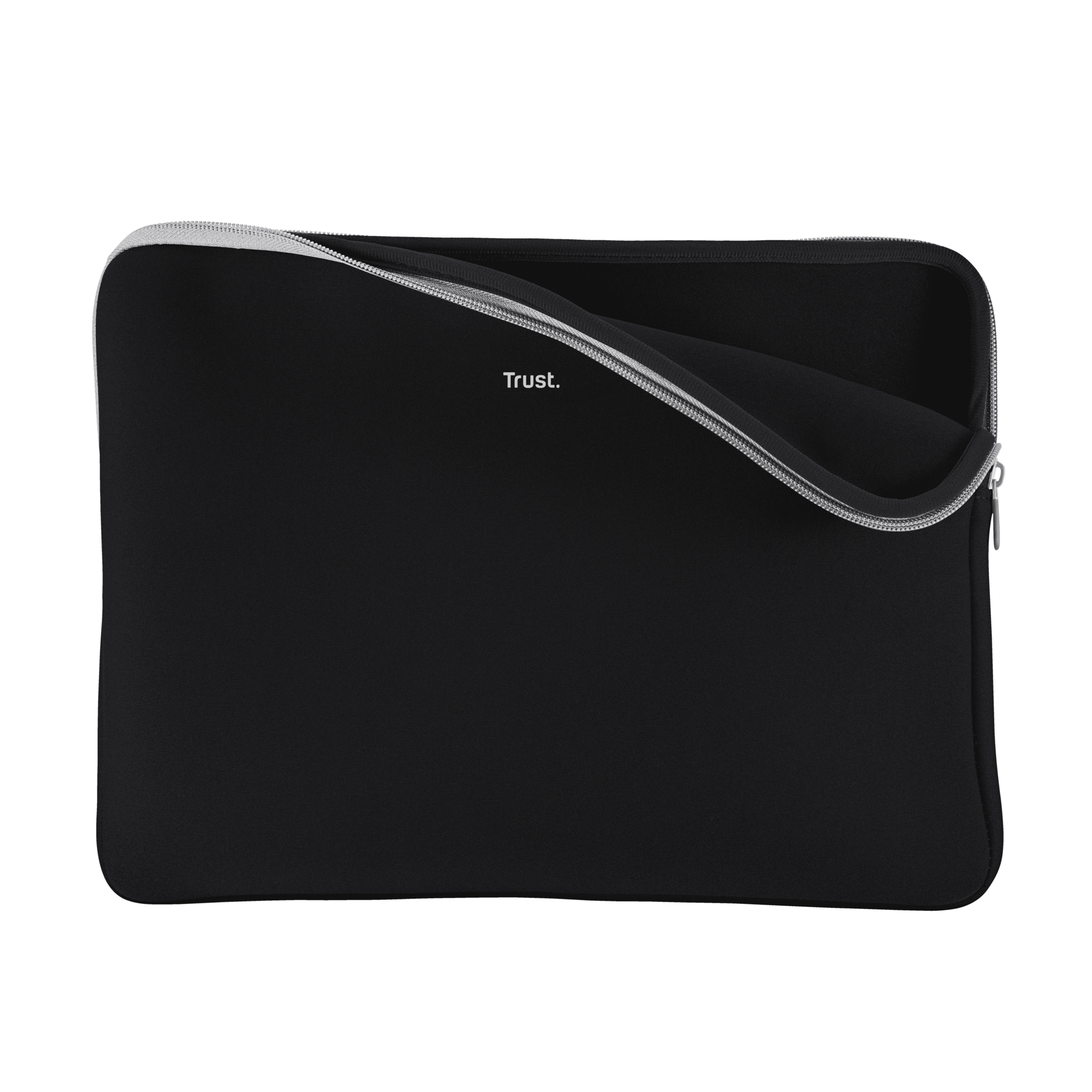Custodia per laptop nera con logo Trust. Aperta, rivela un interno nero. Sfondo bianco.