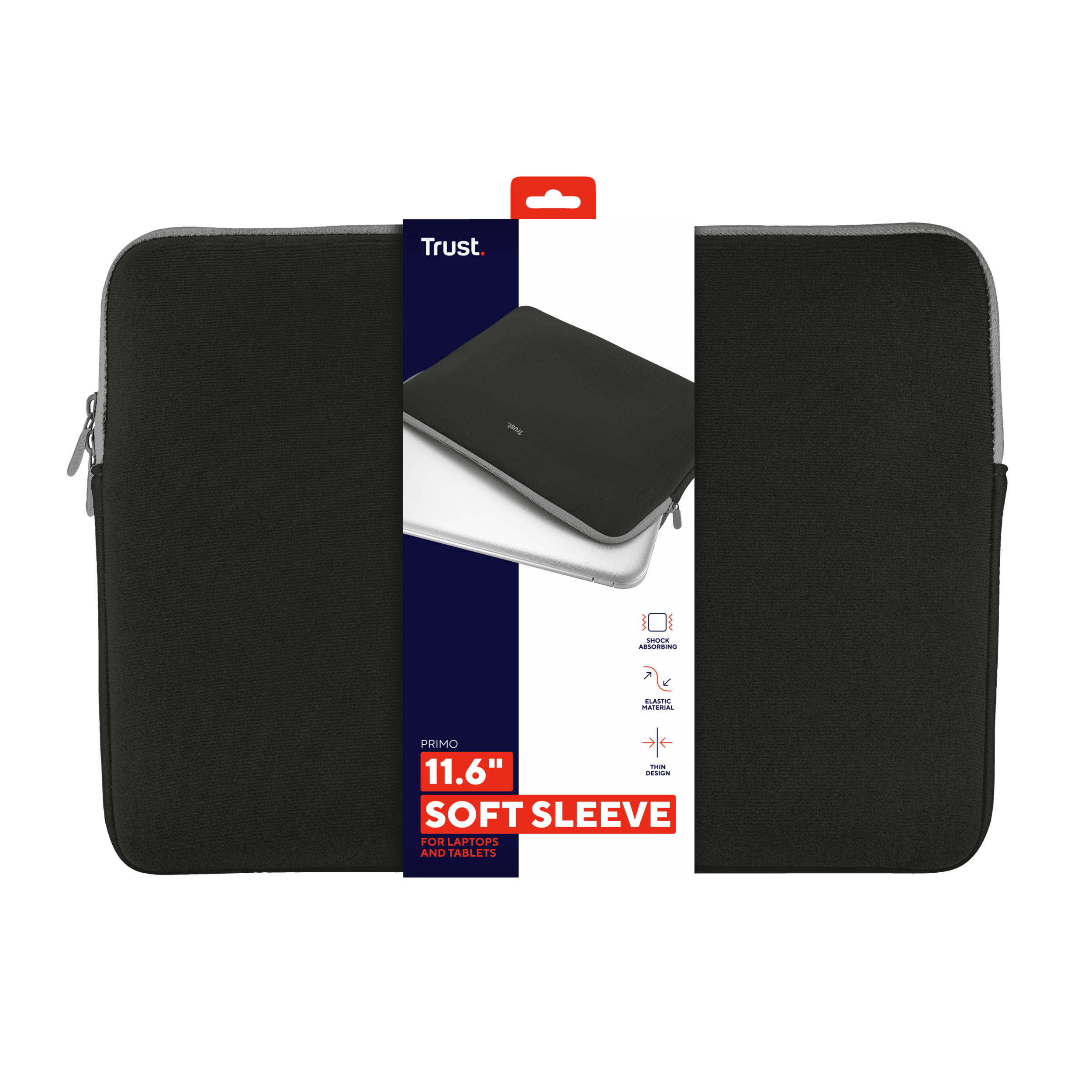 Custodia nera per laptop con cerniera nera. Marchio e testo 'SOFT SLEEVE'.