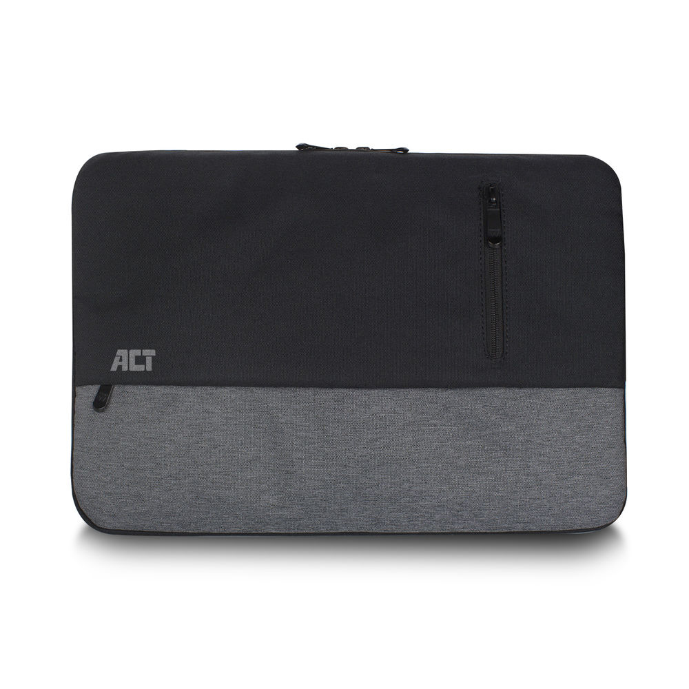 Custodia per laptop nera e grigia con tasca con cerniera. Sfondo bianco.