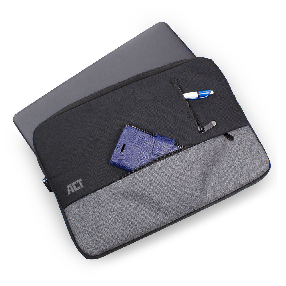 Custodia per laptop nera e grigia con telefono e penna in tasca.