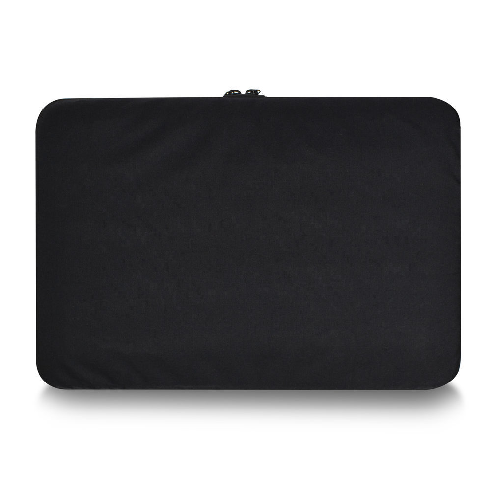 Custodia nera per laptop, forma rettangolare, con cerniera nella parte superiore.
