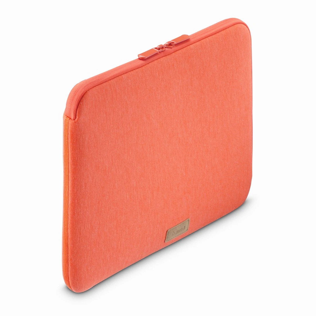Eine orangefarbene Laptop-Hülle mit Reißverschluss.