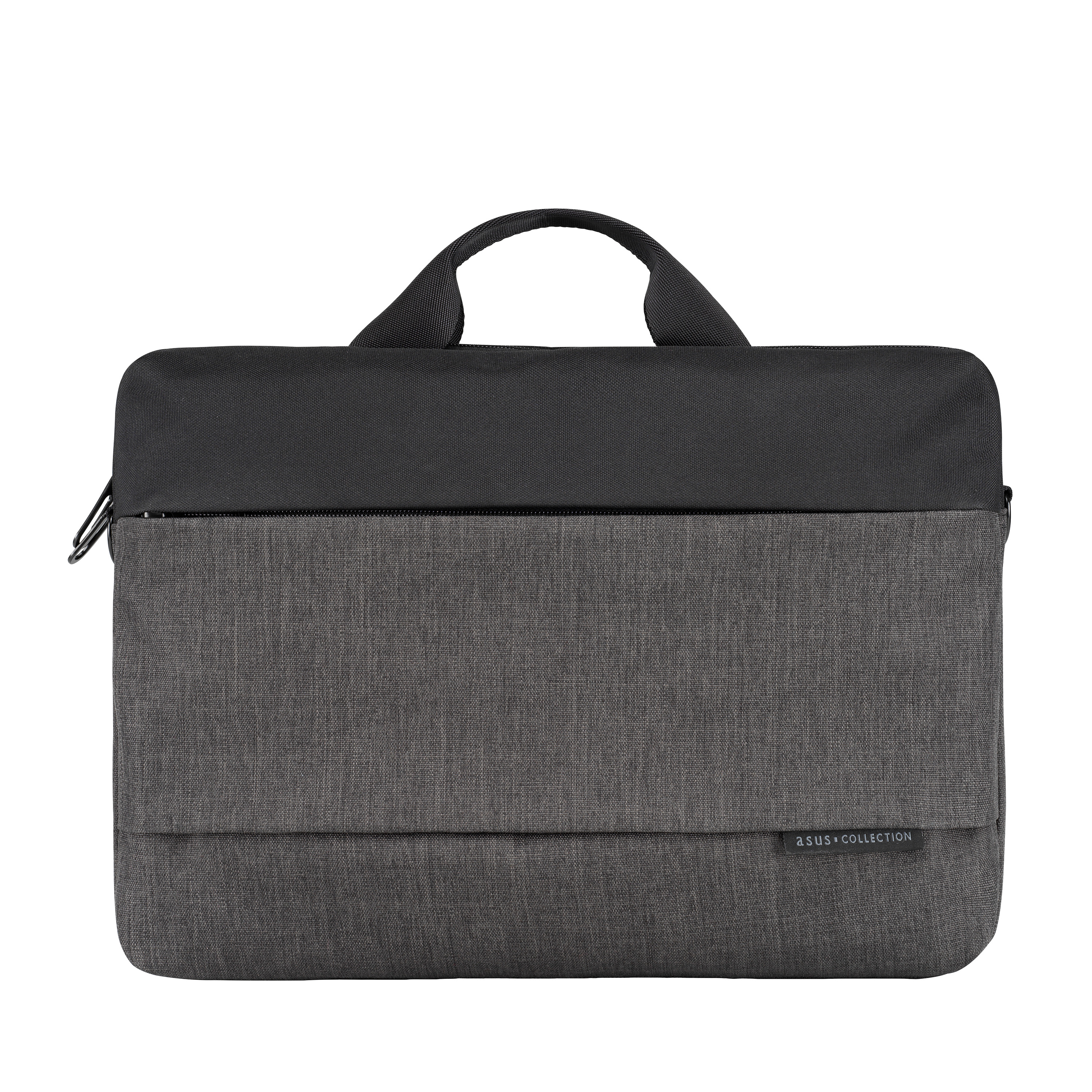 Borsa per laptop, parte superiore nera e inferiore grigia, con etichetta ASUS COLLECTION. Sfondo bianco. Con cerniera.