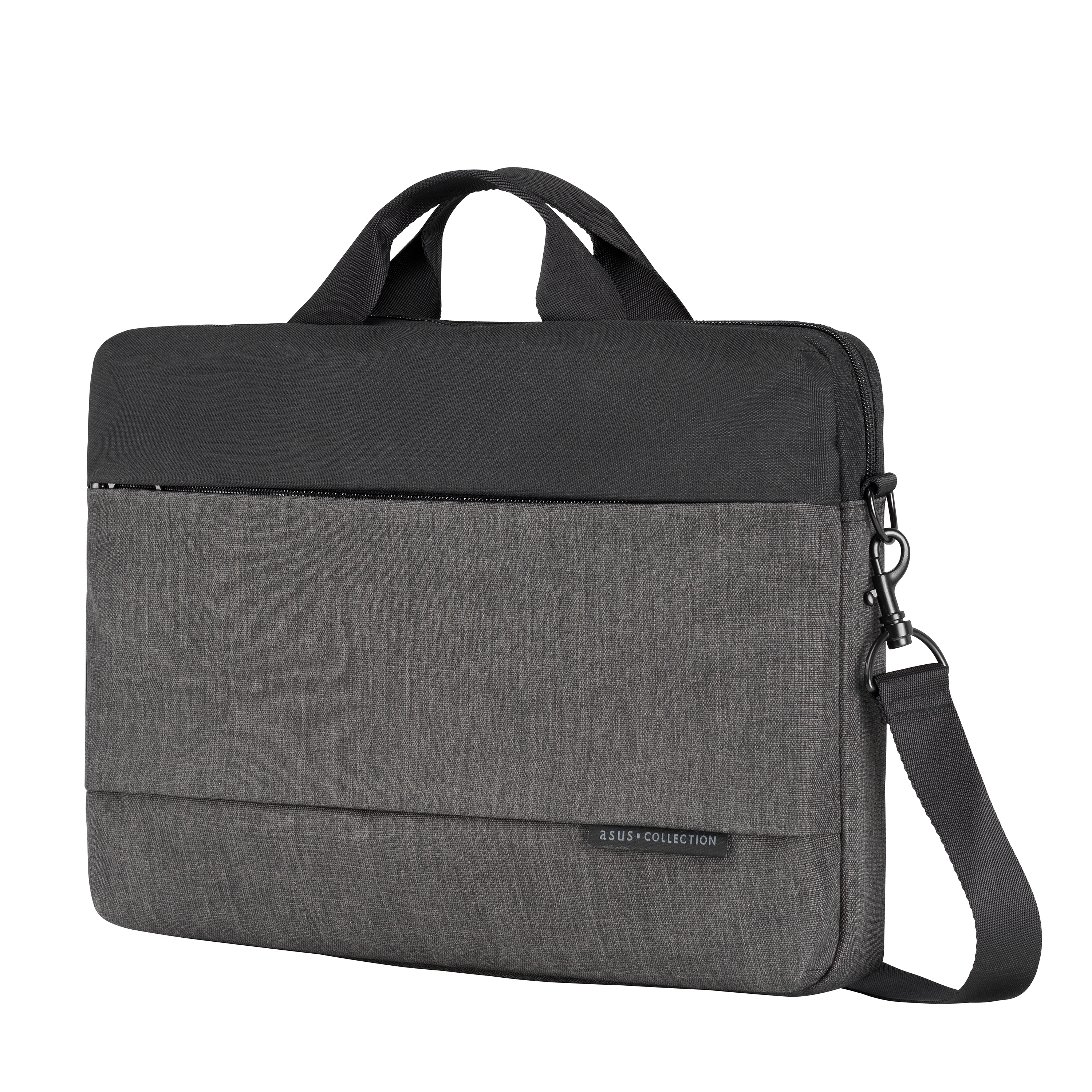 Una borsa per laptop nera e grigia con manico e tracolla. Il marchio è visibile.