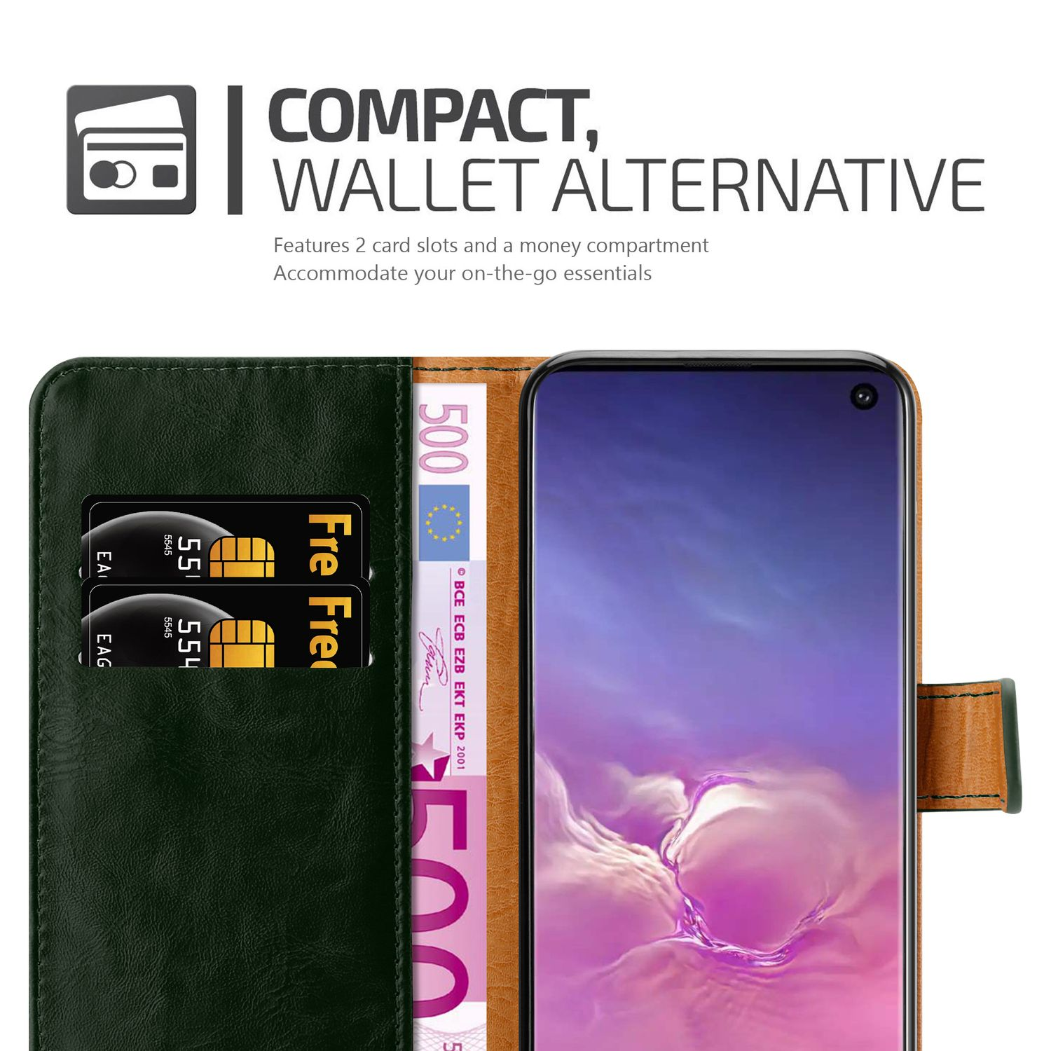 Custodia a portafoglio verde con fessure per carte, scomparto per banconote e un telefono.