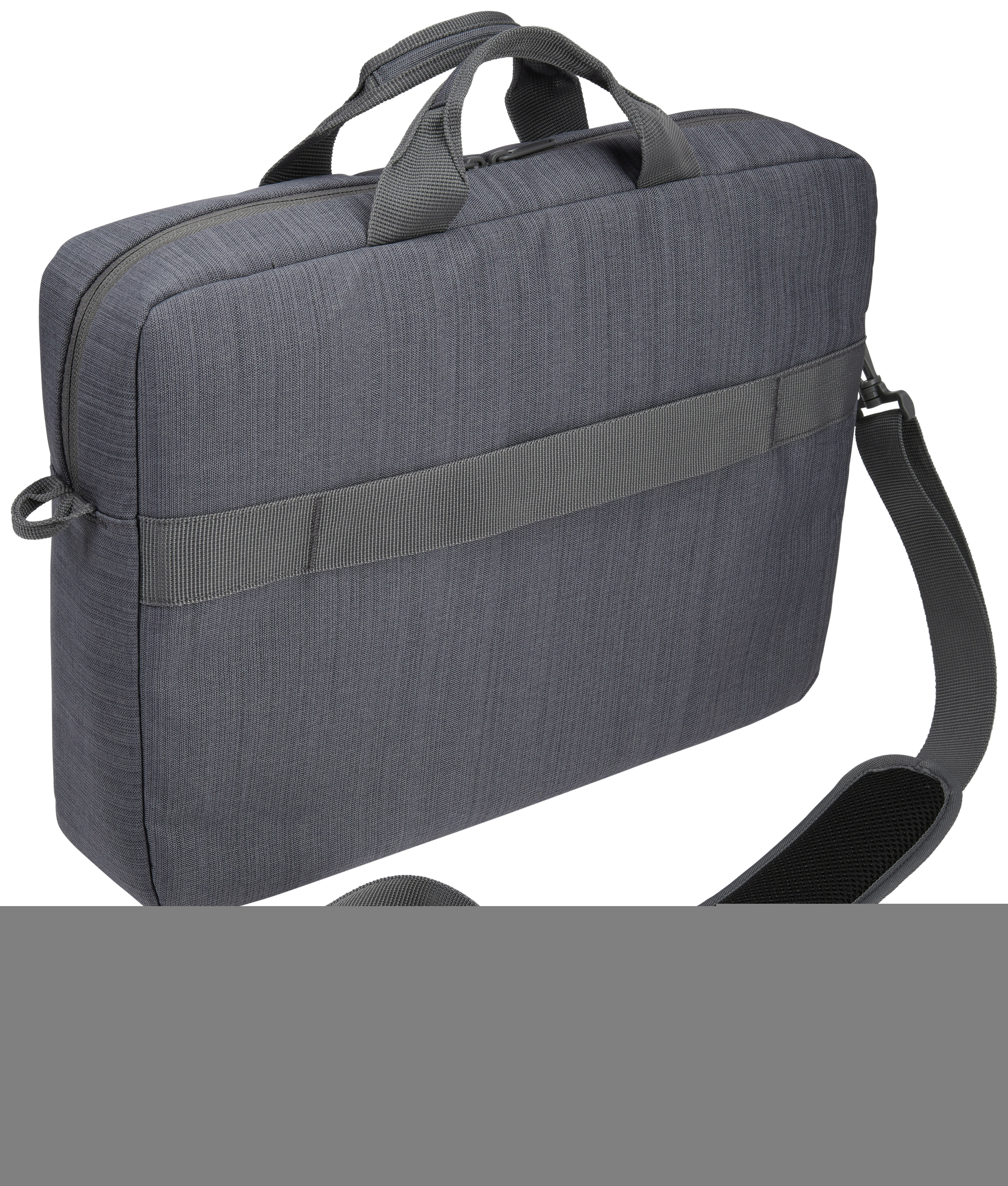 Borsa grigia per laptop con manico, tracolla e cerniera su sfondo bianco.