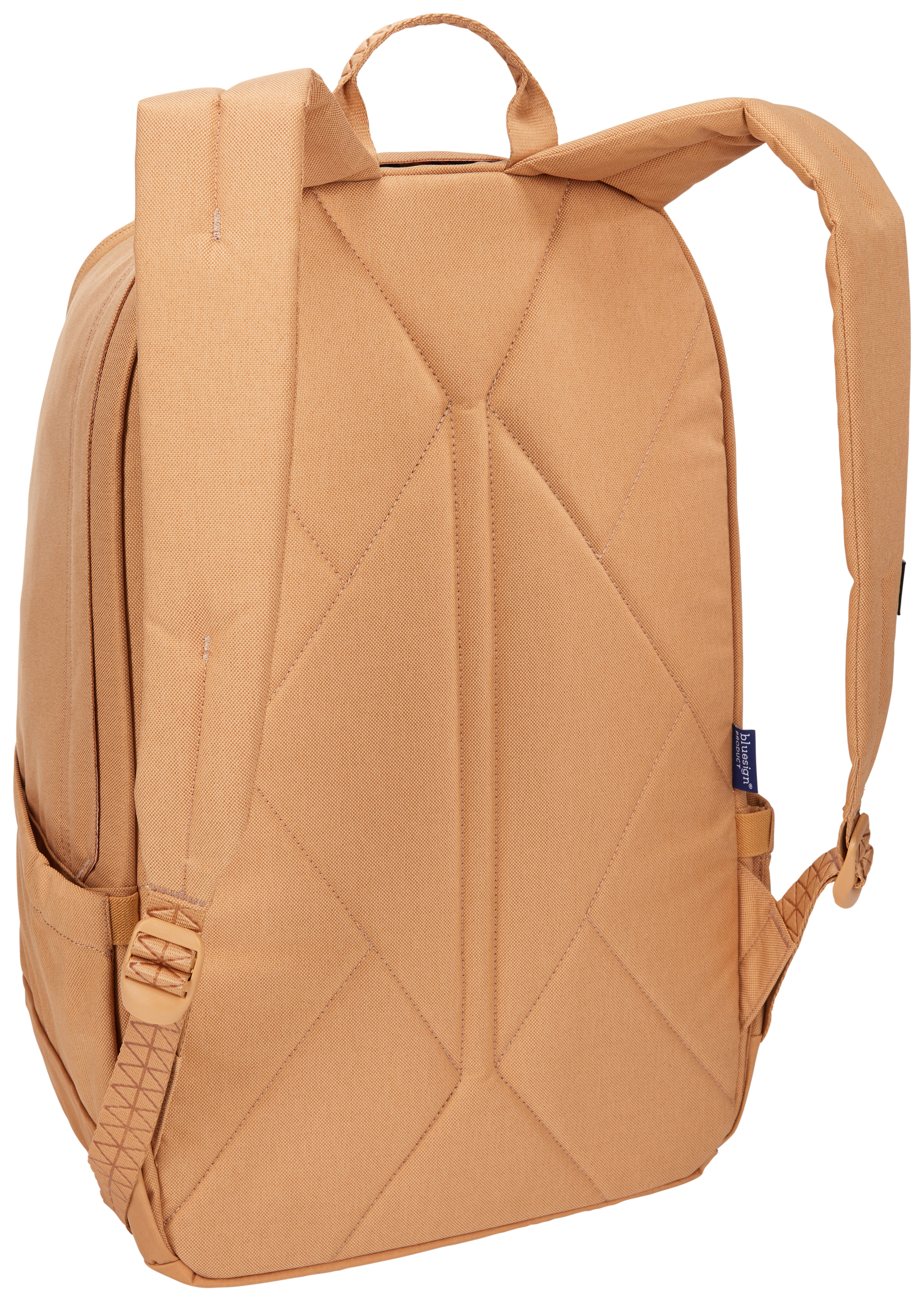 Beigefarbener Rucksack mit strukturierter Oberfläche, zeigt Rückwand und Gurte.