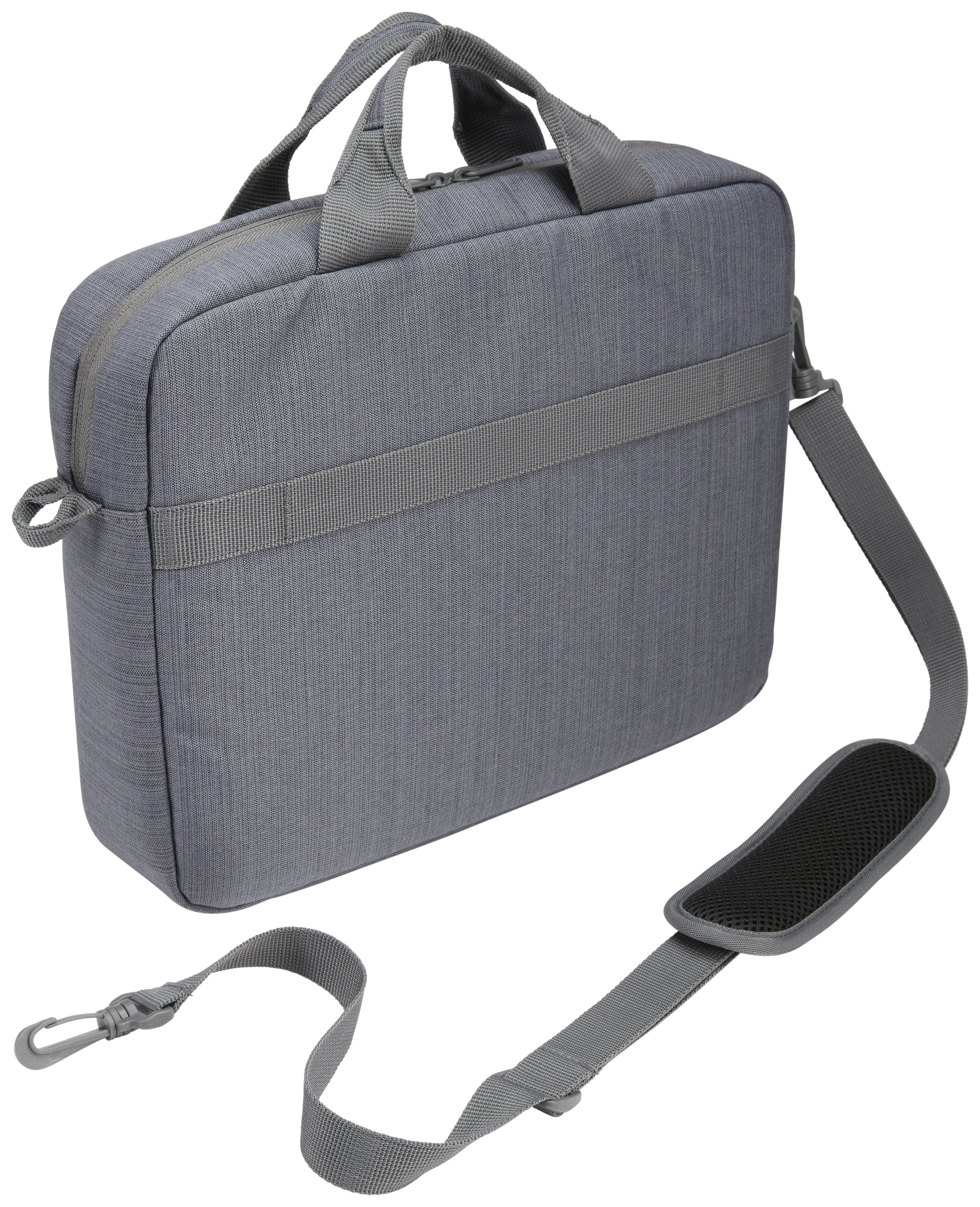 Een grijze laptoptas met een schouderriem en een handvat. Heeft een rits en een clip.