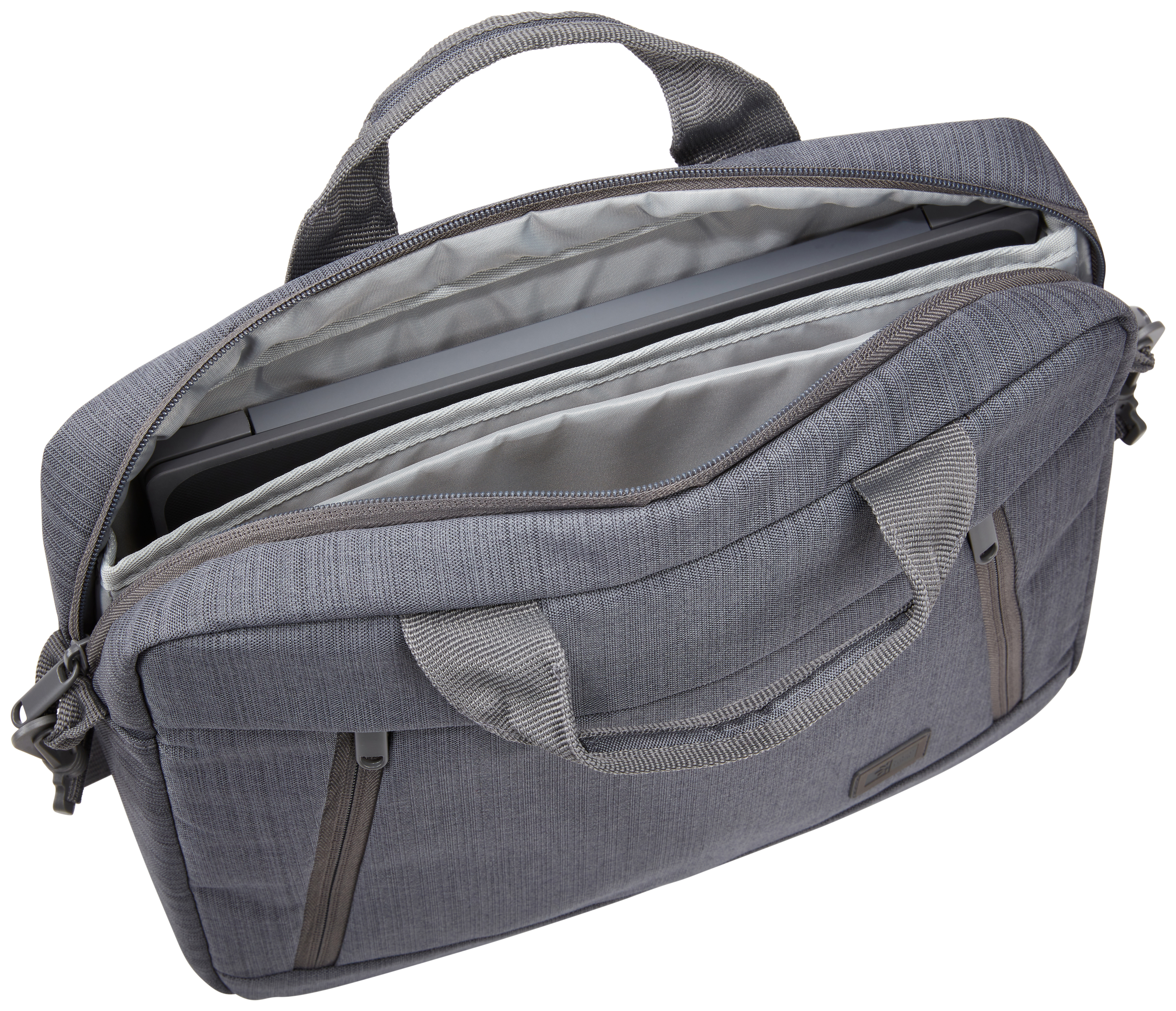 Grijze laptoptas, open, onthult de laptop binnenin met een zichtbare ritssluiting.