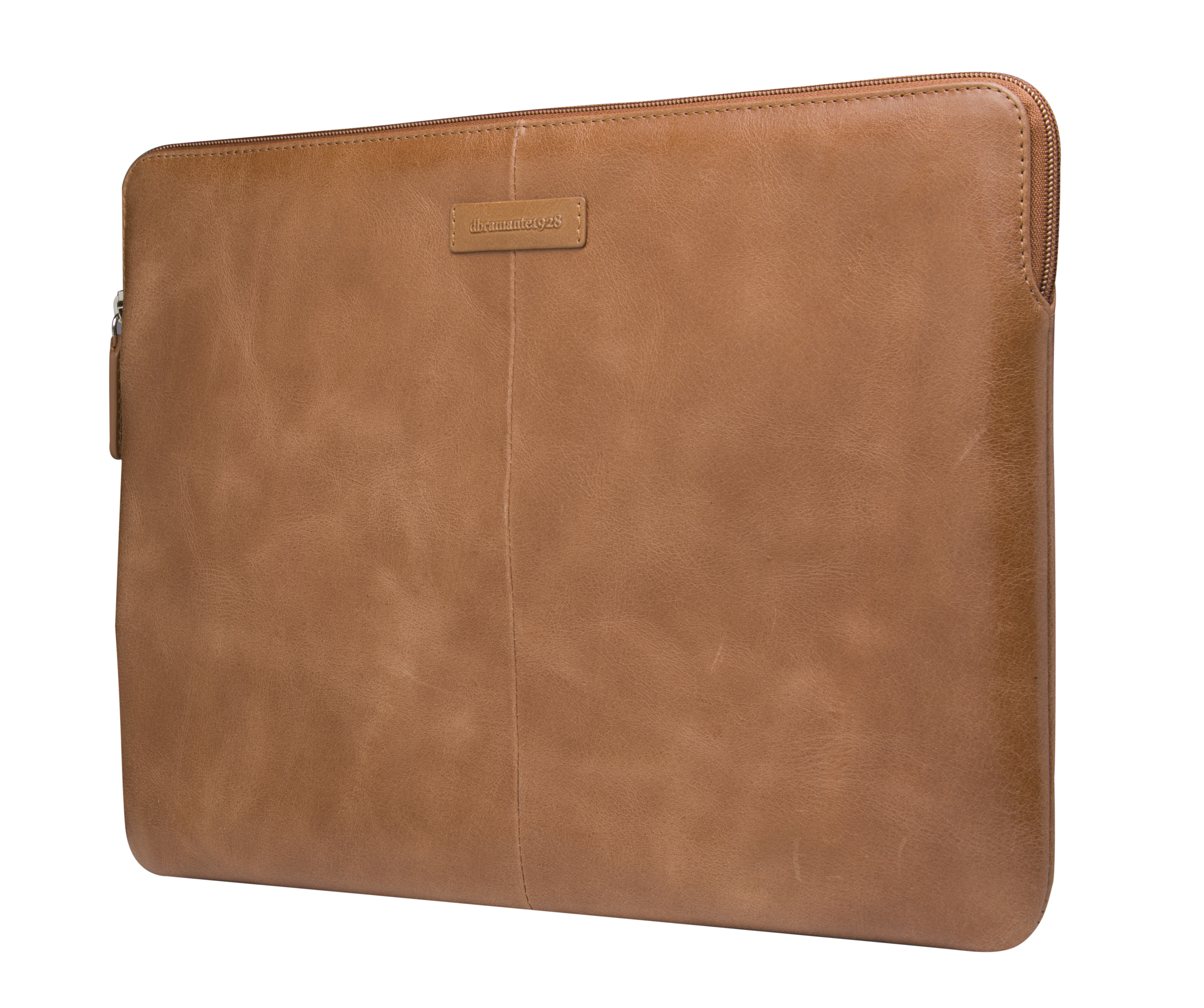 Custodia per laptop in pelle marrone con cerniera. Il marchio è impresso su una piccola toppa.