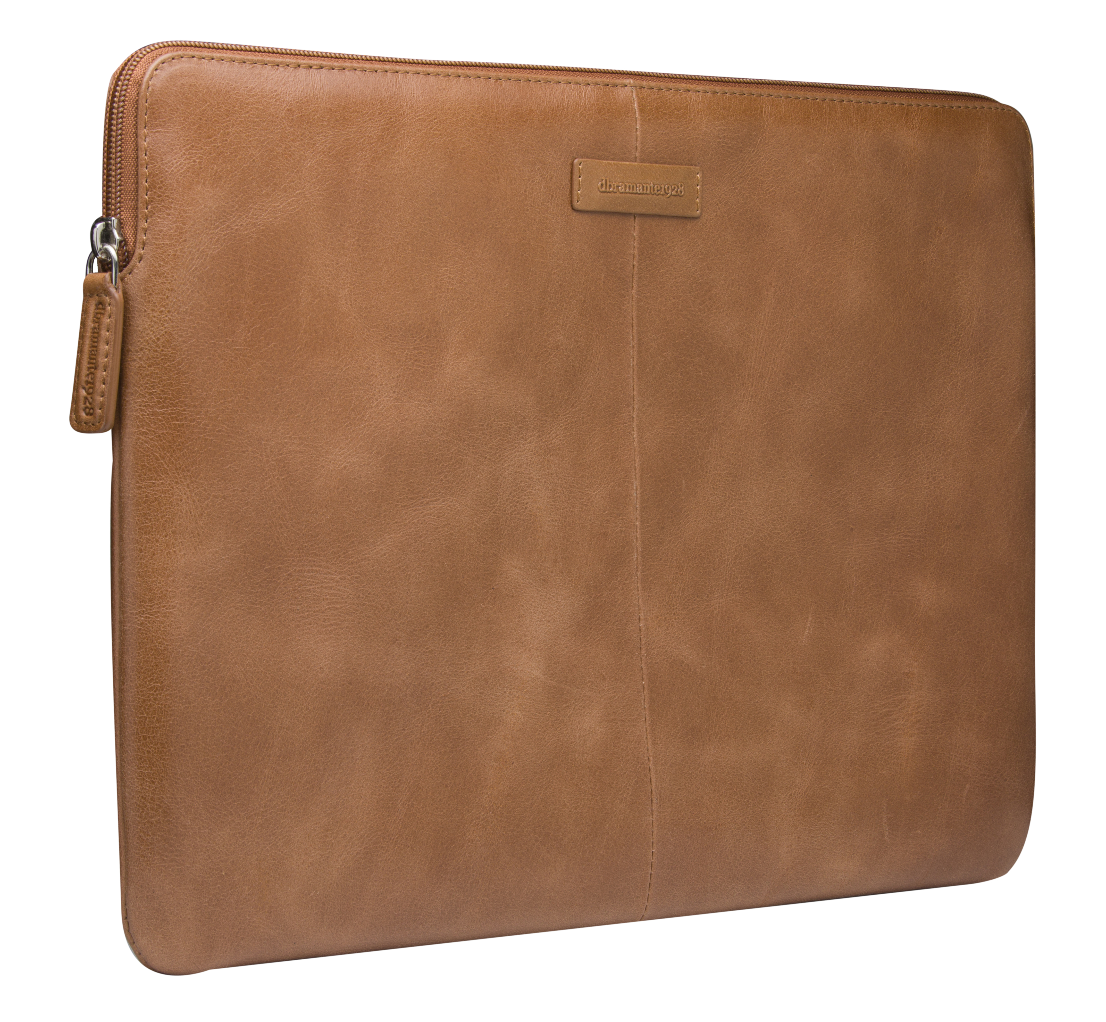 Custodia per laptop in pelle marrone. Presenta chiusura a cerniera e il logo del marchio.