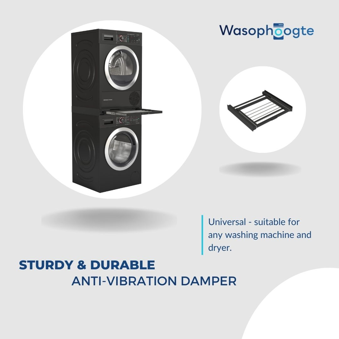 Black washing machine and dryer, text stating 'Sturdy & Durable Anti-Vibration Damper'.