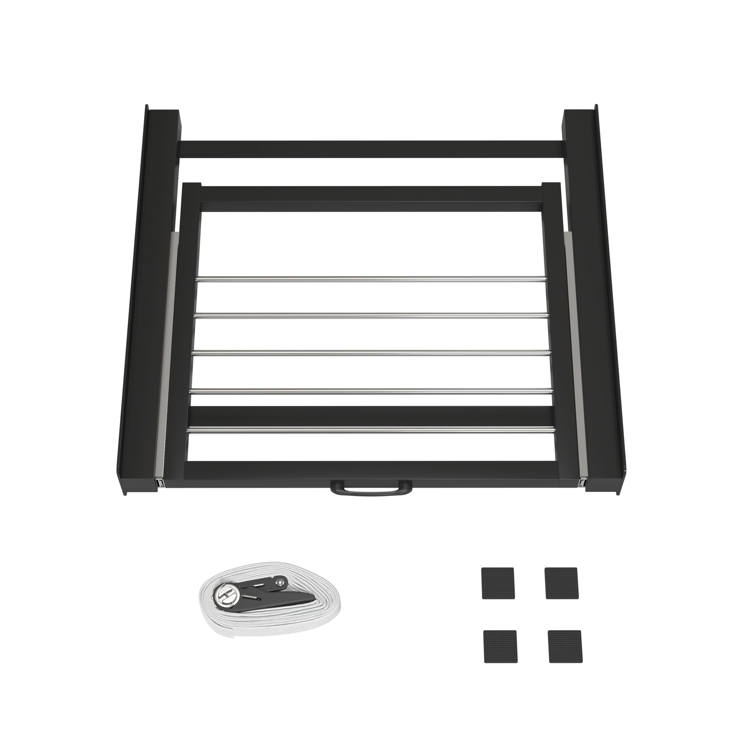 Black drying rack with silver bars, white strap, and black squares on a white background.