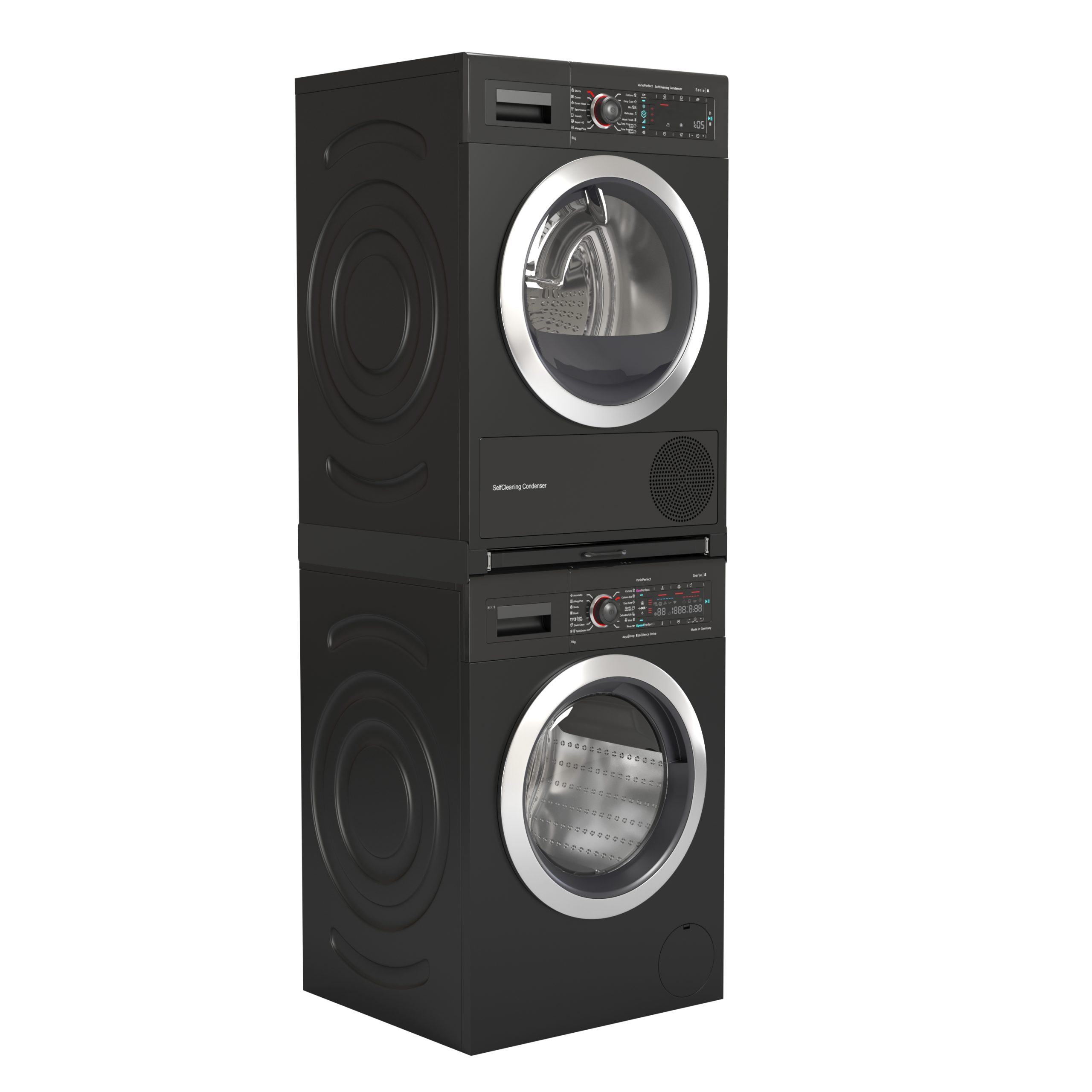 Black washing machine and dryer stacked, on a white background.
