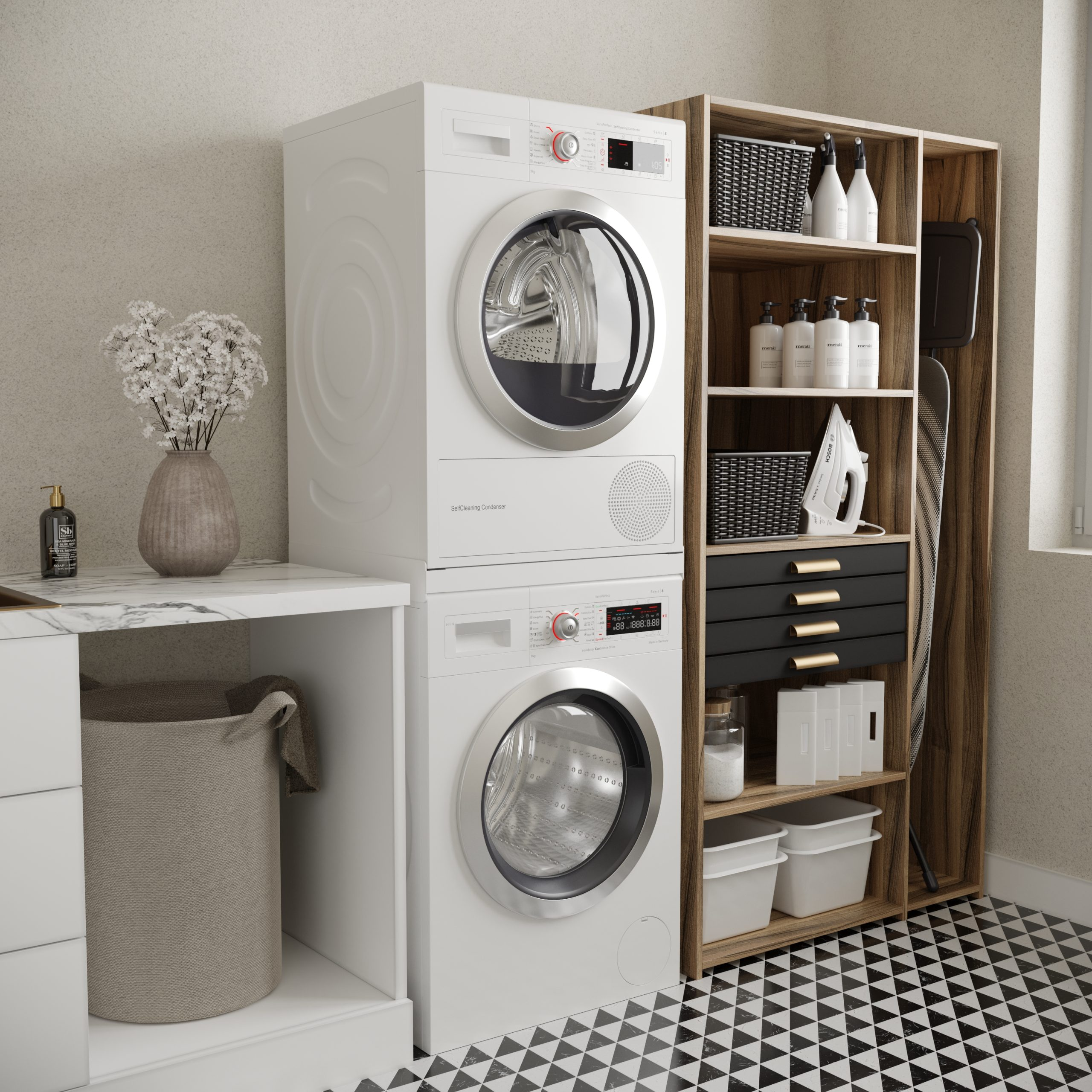 Buanderie avec lave-linge/sèche-linge blancs empilés, étagère et vase floral. Carrelage noir et blanc.