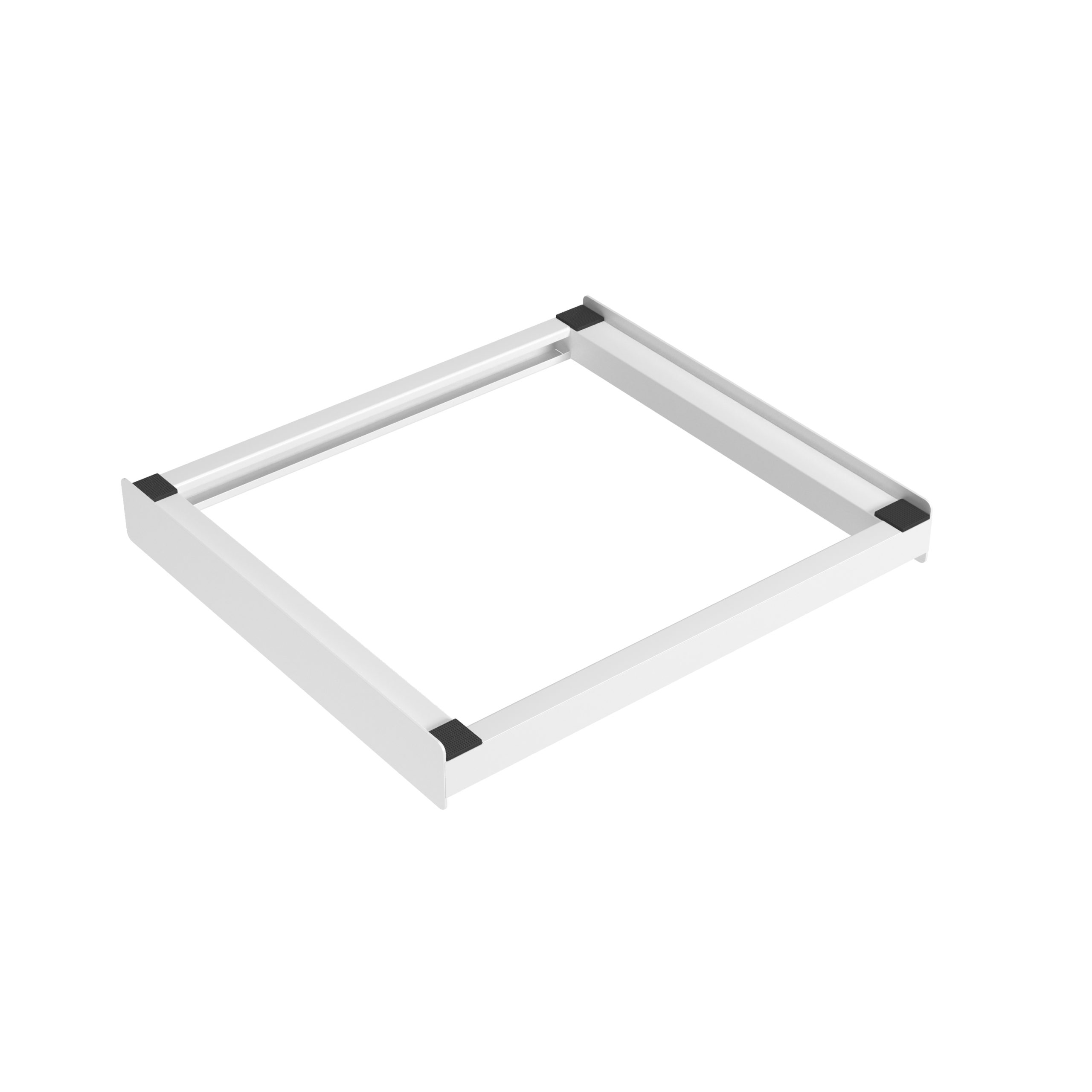 Cadre rectangulaire blanc avec coussinets d'angle noirs sur fond blanc, perspective angulaire.