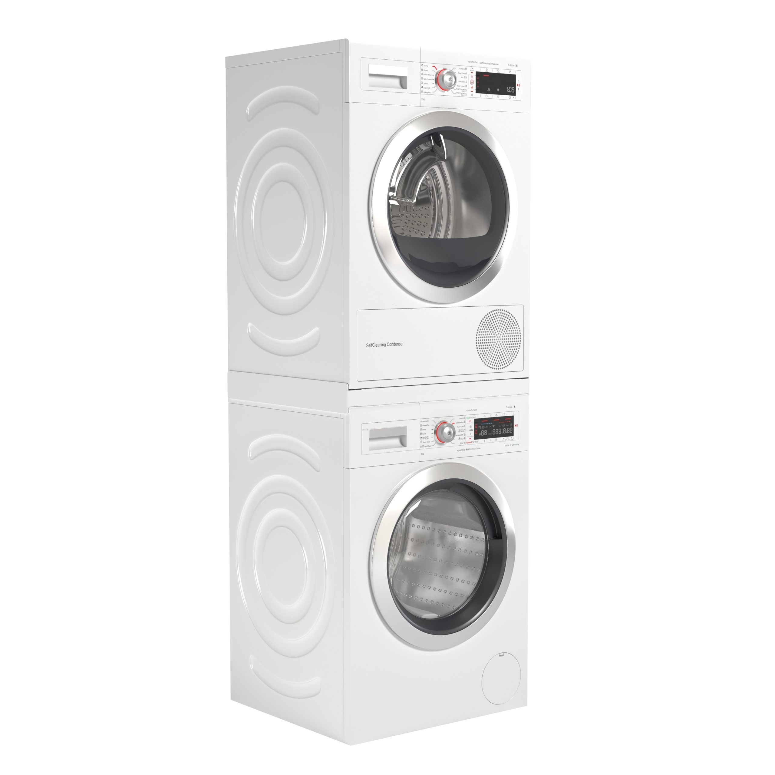 Lave-linge et sèche-linge blancs empilés. Le fond est blanc.