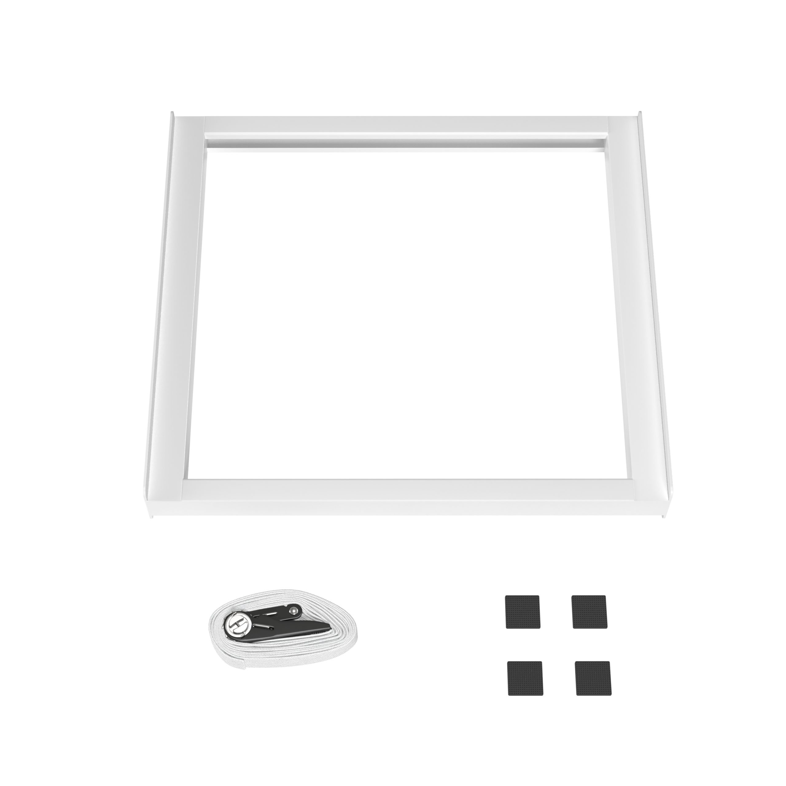 Cadre de fenêtre carré blanc avec accessoires sur fond blanc, propre et simple.