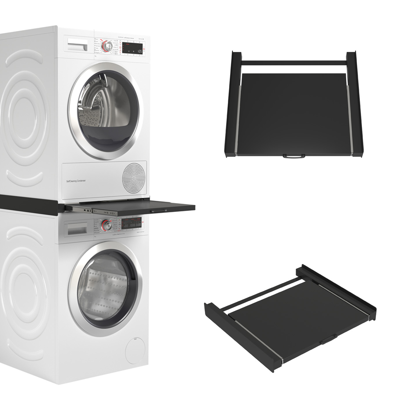 Een wasmachine en droger gestapeld met een uittrekbare plank ertussen en nog een eronder.