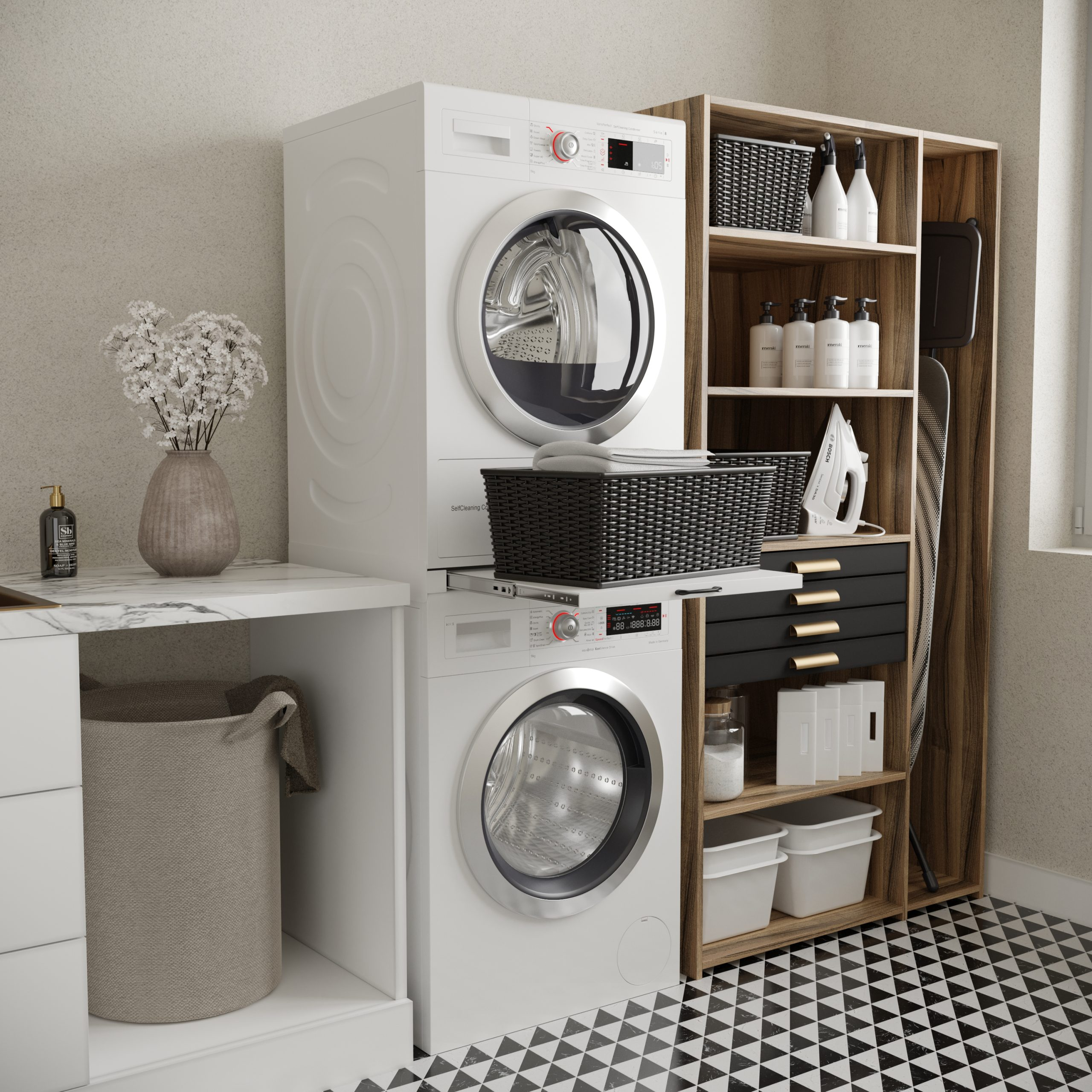 Une buanderie avec des machines à laver blanches empilées, une armoire, des paniers et des décorations sur le comptoir.