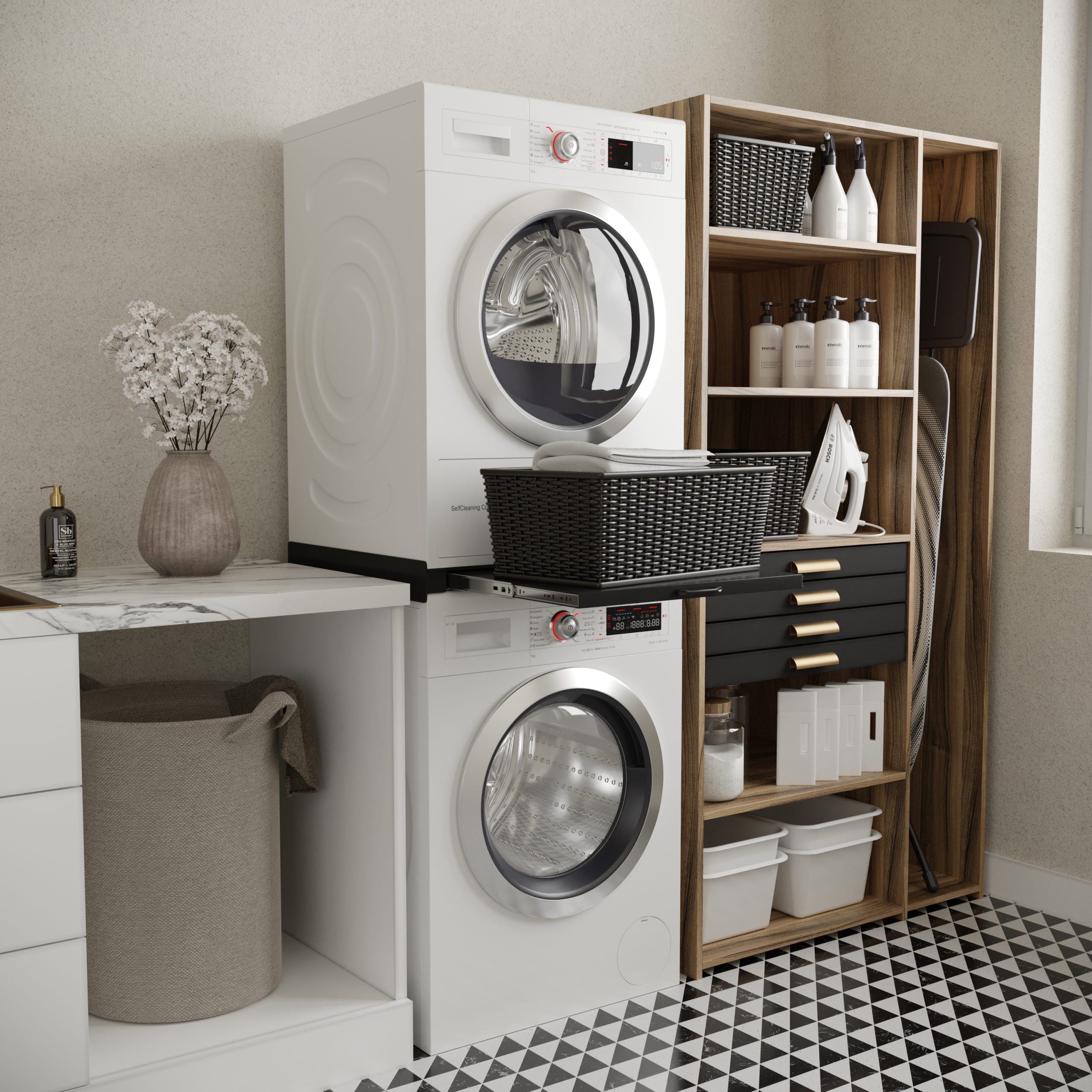 Een wasruimte met gestapelde witte wasmachines, een kast, manden en decoraties op het aanrecht.