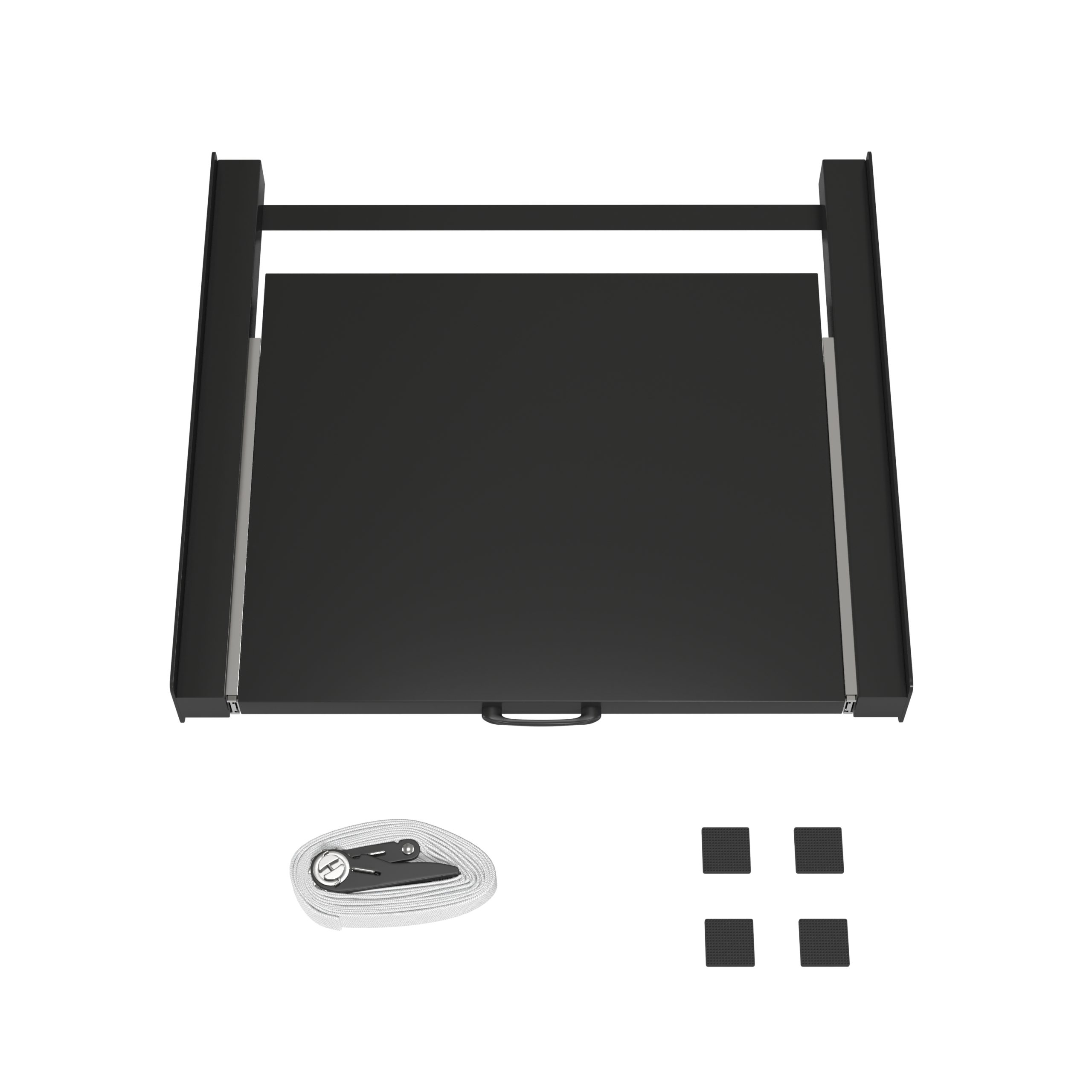 Universele stapelset voor wasmachine en droger, verstelbaar frame 45-68 cm, met versterkte ratelriem, trillingsbestendig en installatie zonder boren (zwart