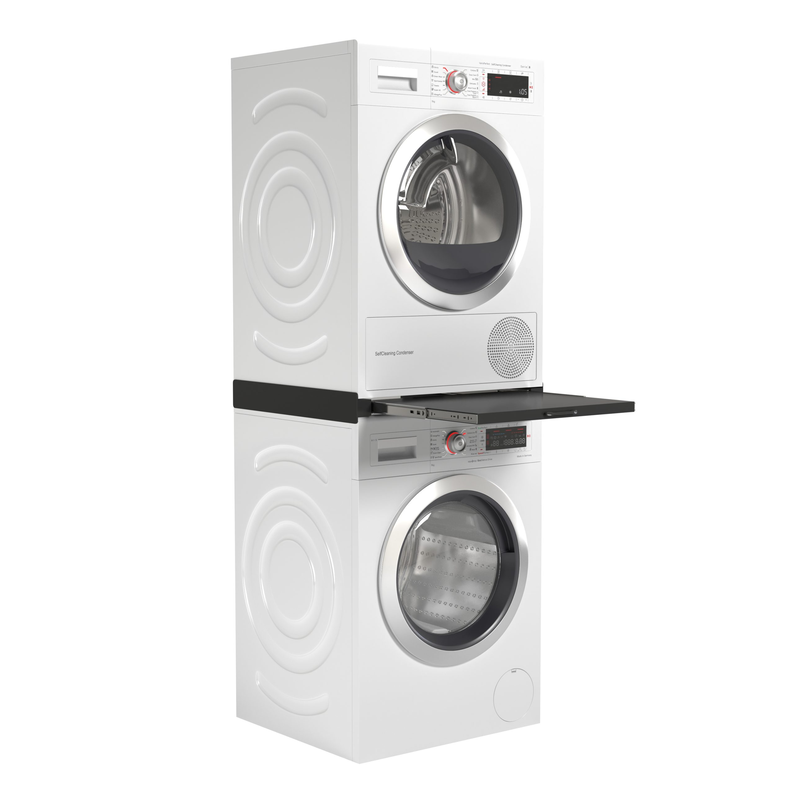 Stapelbare witte wasmachine en droger met uitschuifbare plank. Witte achtergrond.