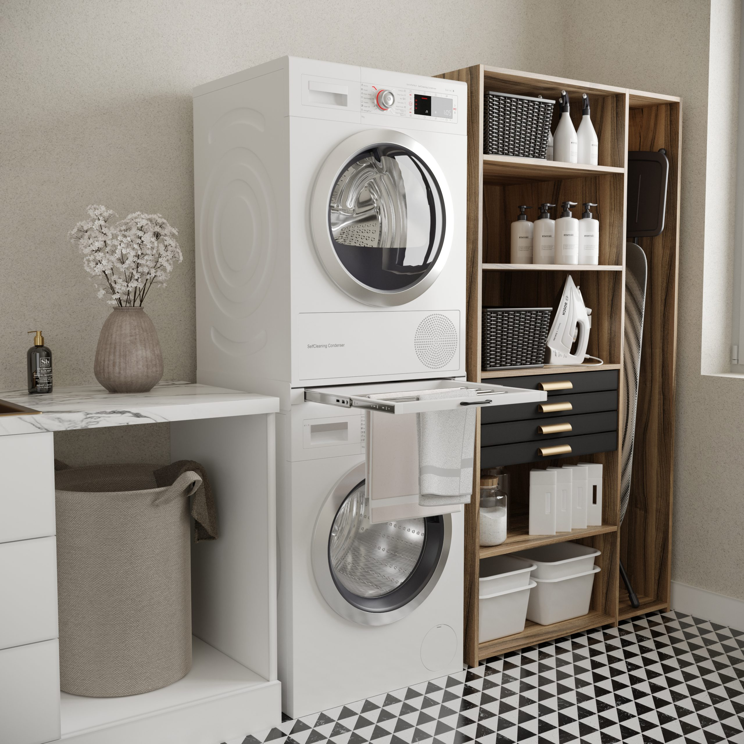 Laundry room with white appliances, a wooden cabinet, and laundry accessories, clean and organized.