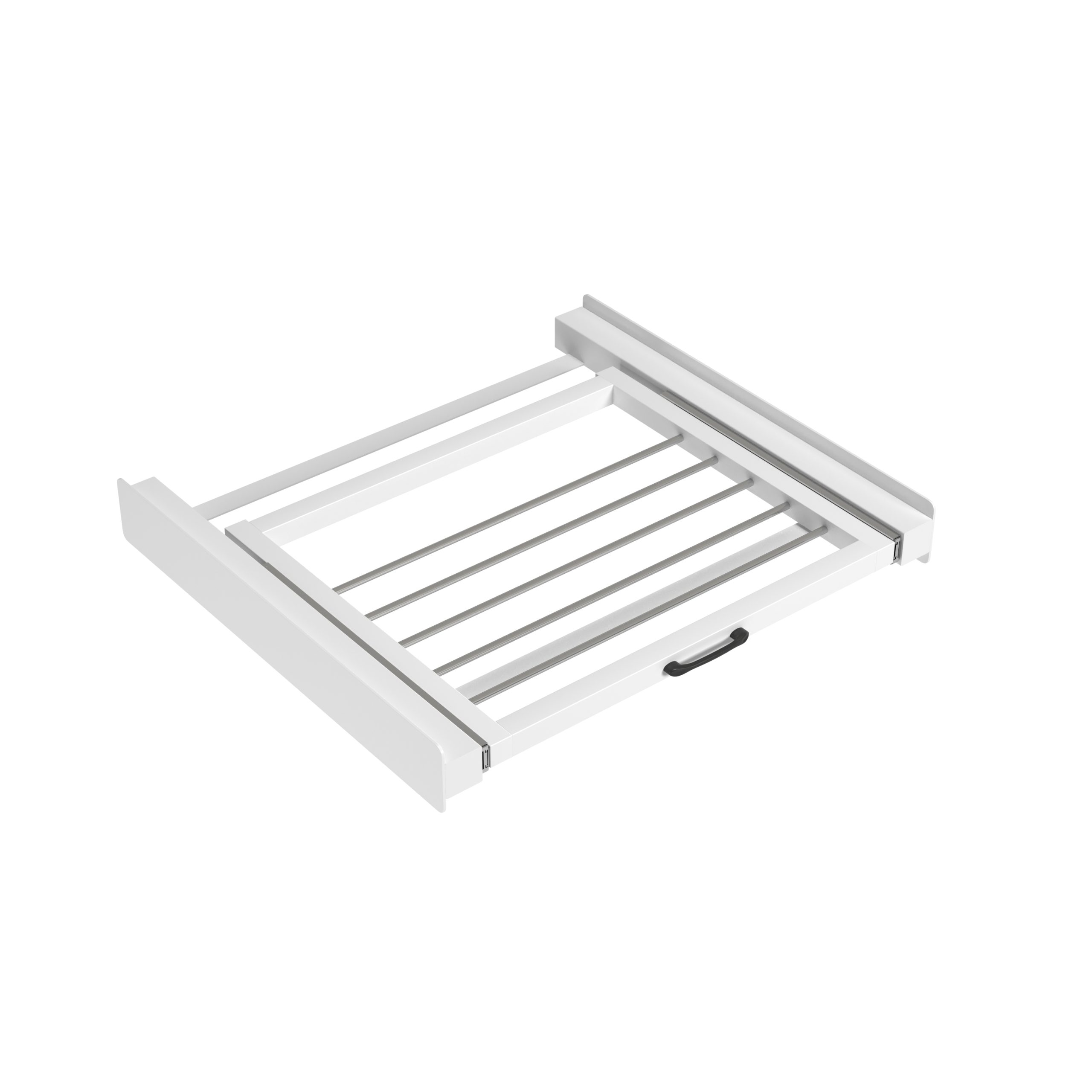White, open clothes drying rack with silver bars. Black handle on the right side.