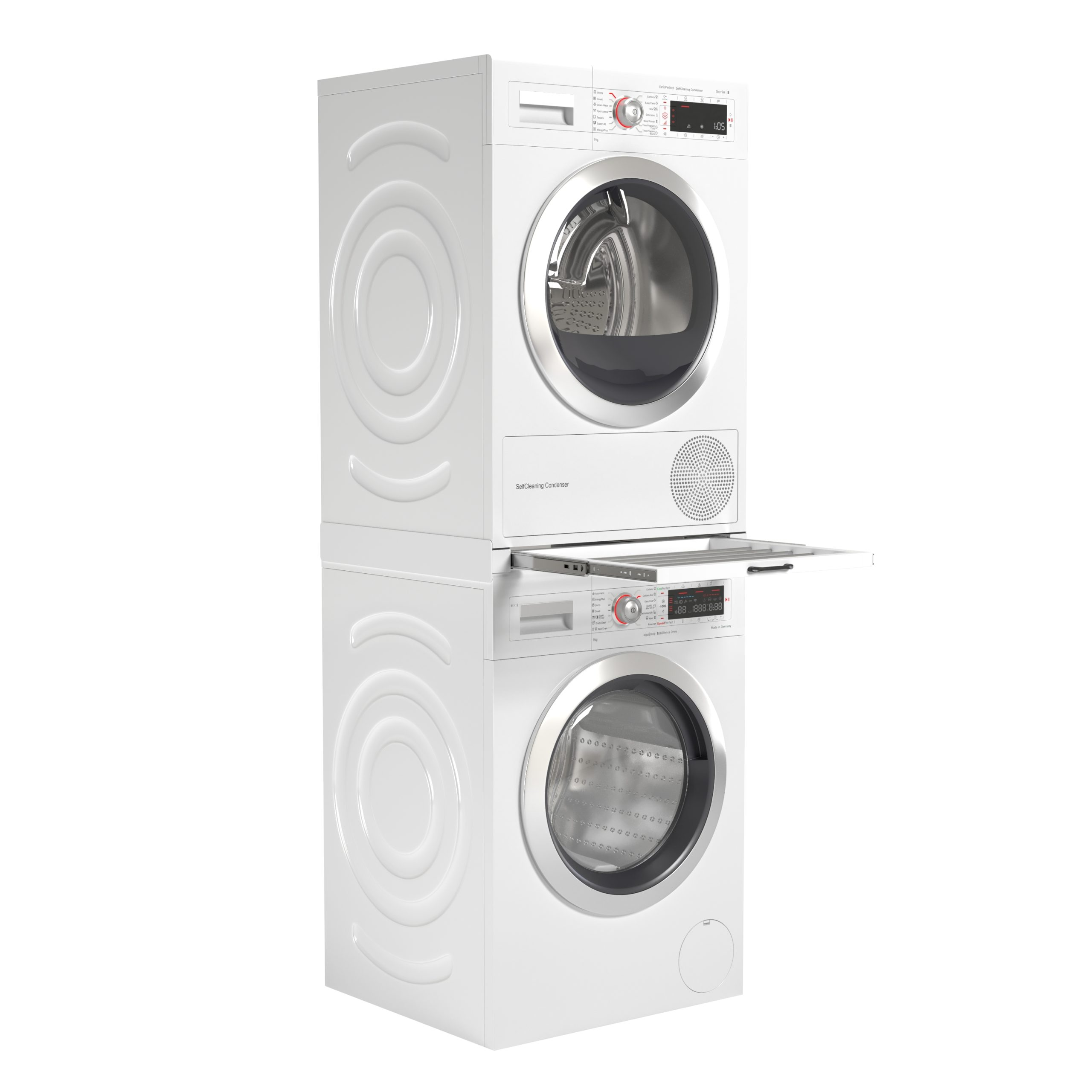 White stacked washer and dryer with a pull-out shelf. White background.