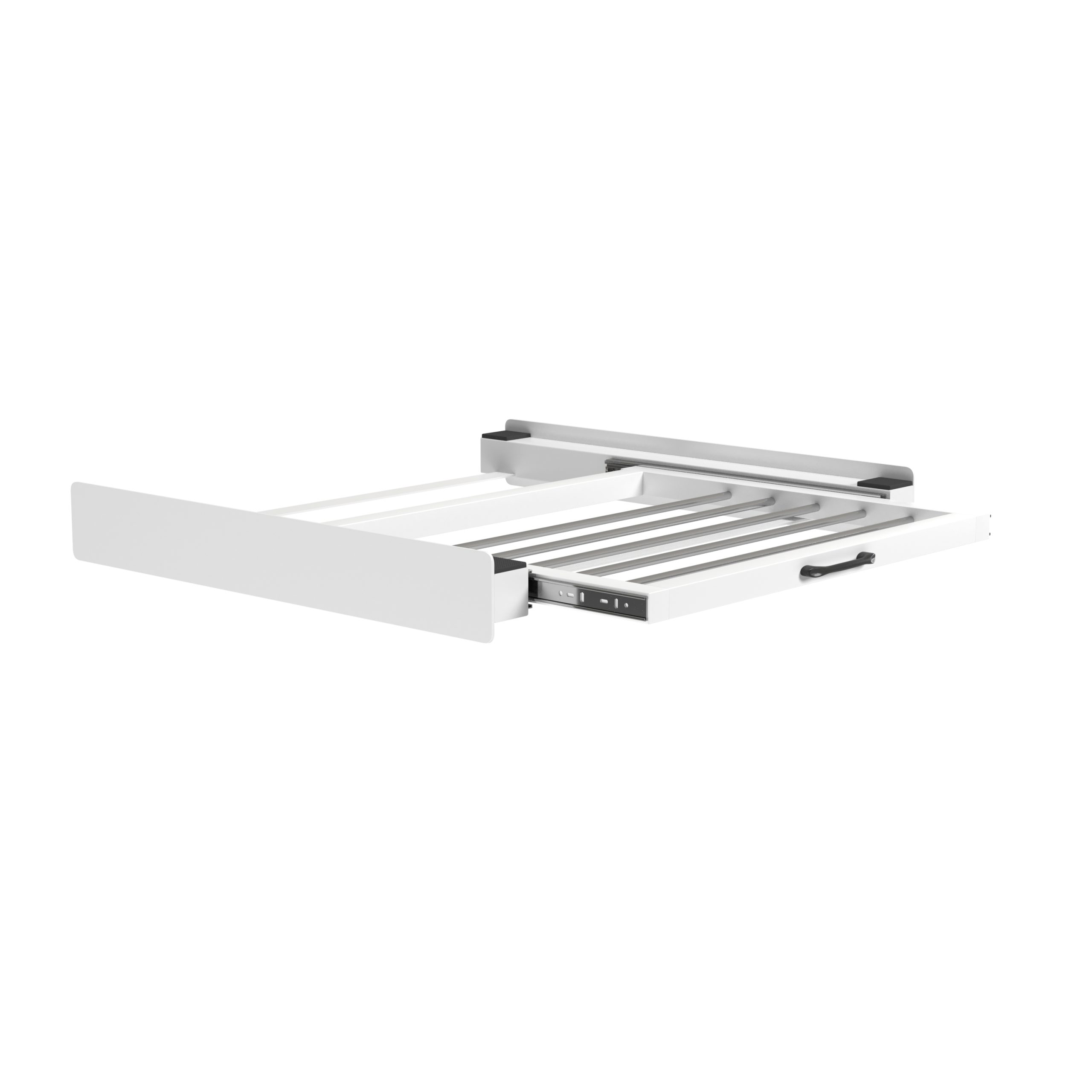 White laundry machine base. It has a drawer for drying clothes. White background.