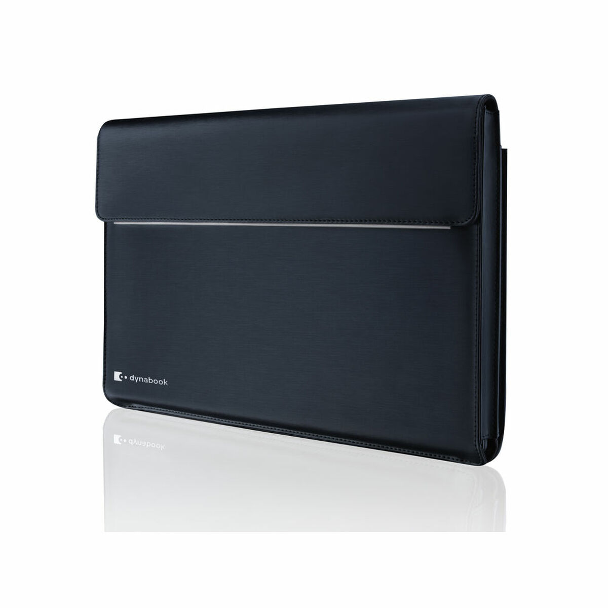 Custodia per laptop Dynabook nera. La custodia ha una striscia argentata e un logo.