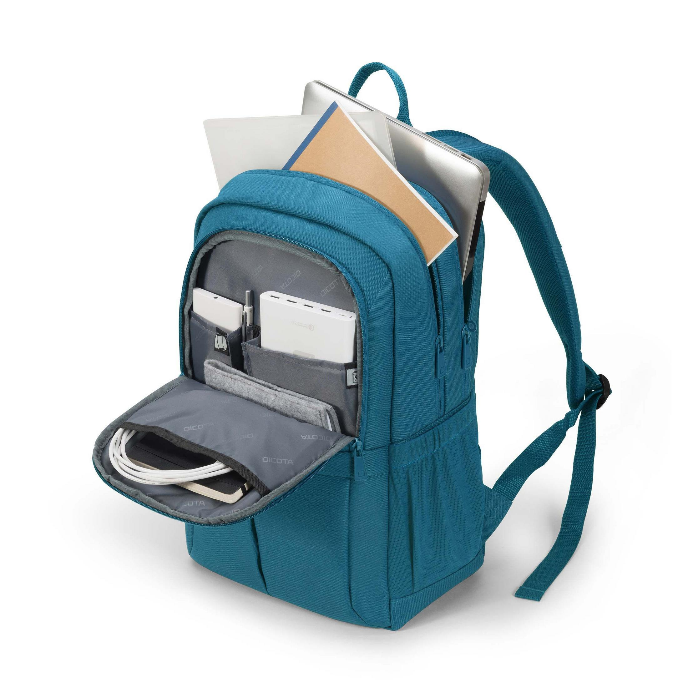 Zaino turchese, aperto. Mostra contenuti: laptop, tablet, caricabatterie e accessori. Sfondo bianco.